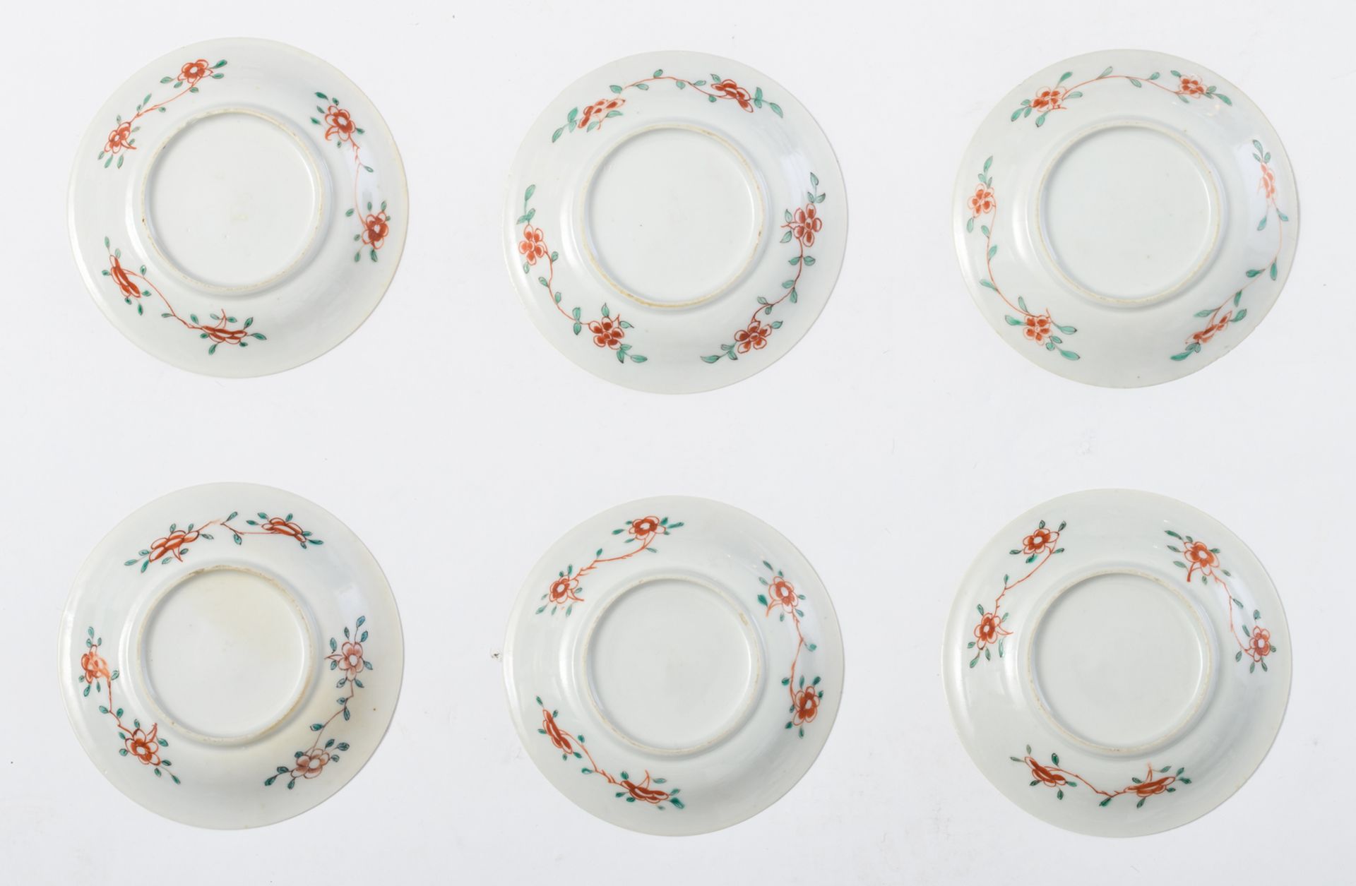 Six Chinese polychrome floral decorated cups and saucers, 18thC, H 2 - 5 cm - Image 3 of 9