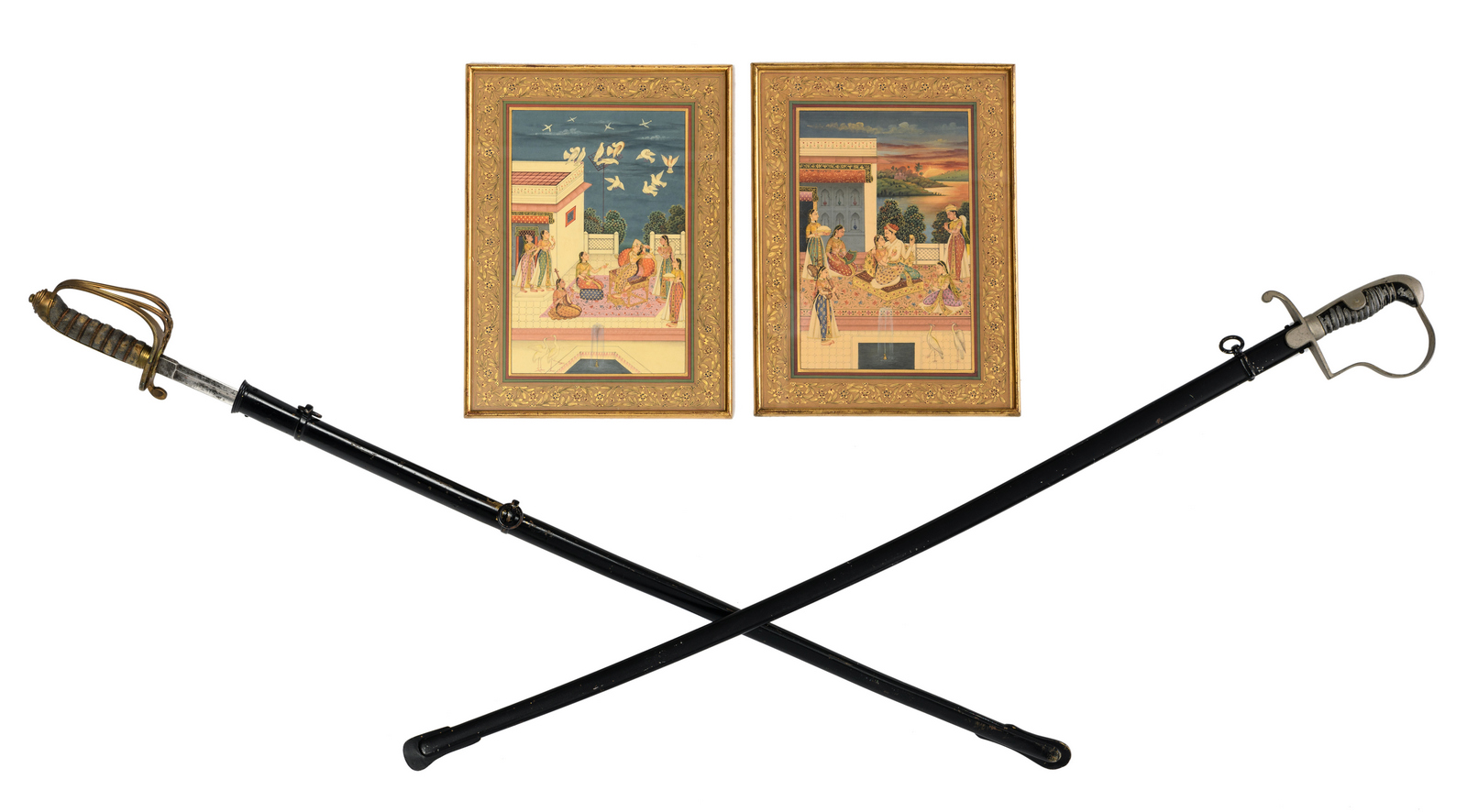 Two Persian Mughal watercolours; added two parade sabers, 24 x 32 - L 100 - 106 cm