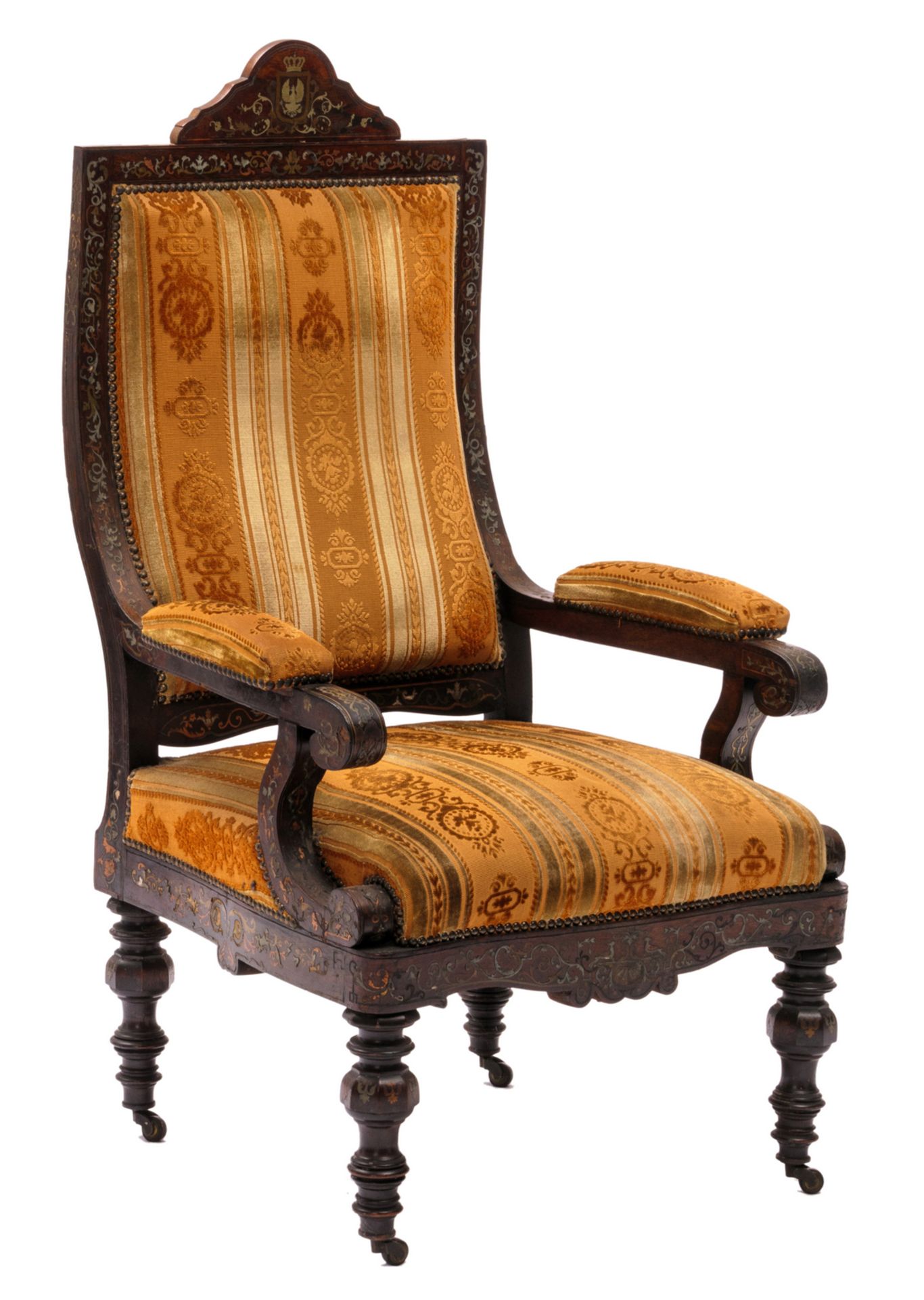 A rosewood and Boulle marquetry Baroque revival armchair, possibly Prussian, 19thC, H 123 - W 68 - D