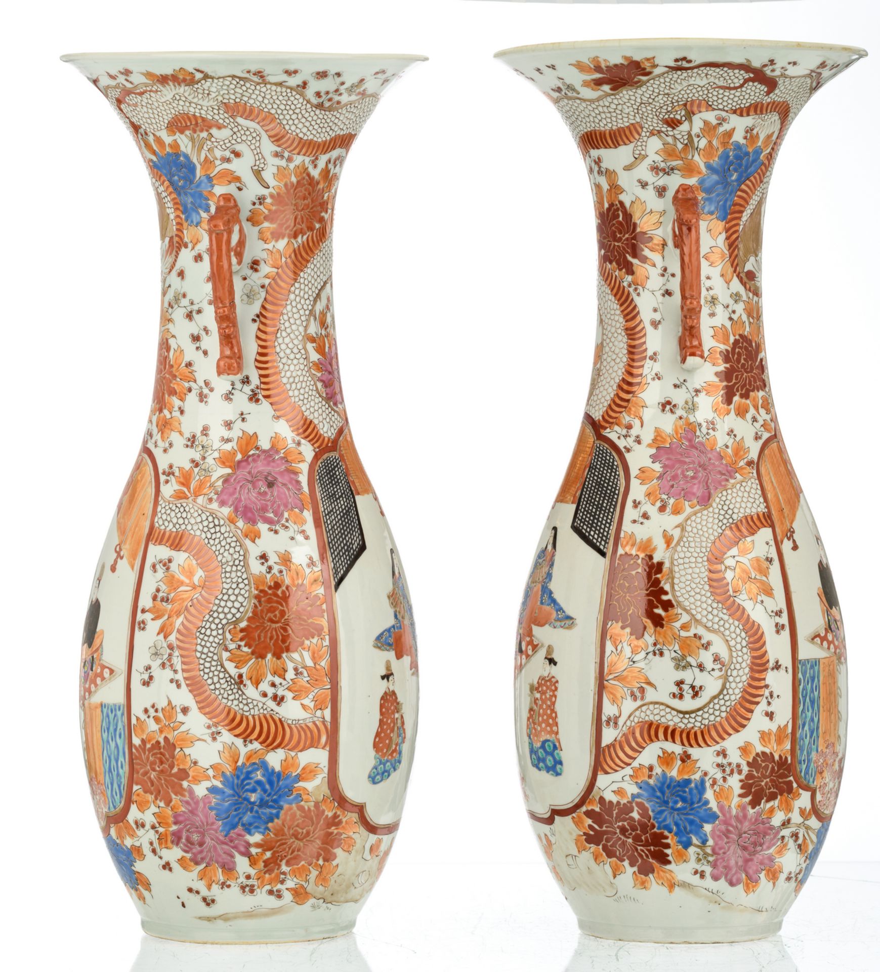 A pair of Japanese polychrome floral and dragon relief decorated vases, the roundels with figures, - Image 4 of 6