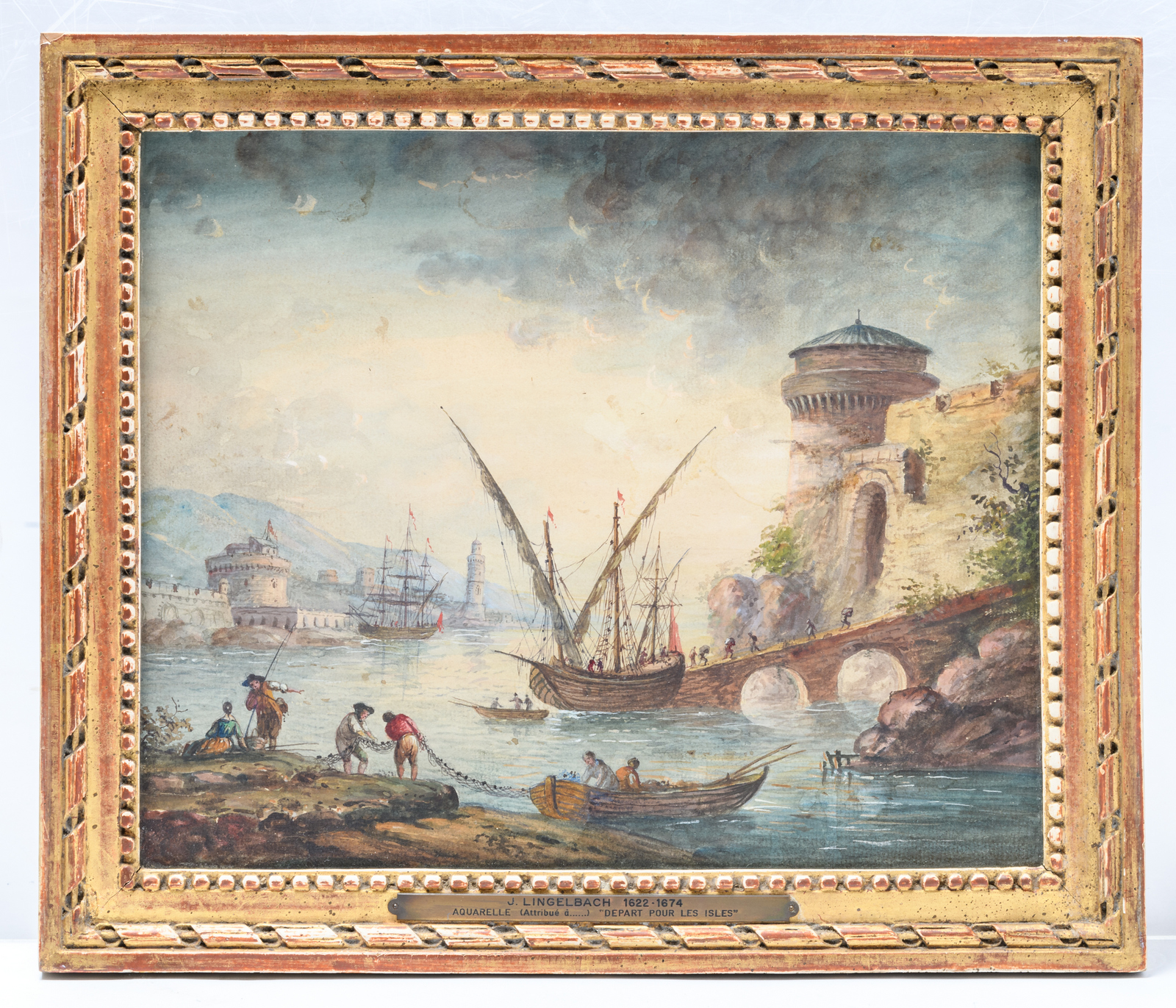 Unsigned, a view on a Mediterranian inner port, after an 18thC engraving, watercolour, 29 x 35 cm - Image 2 of 6