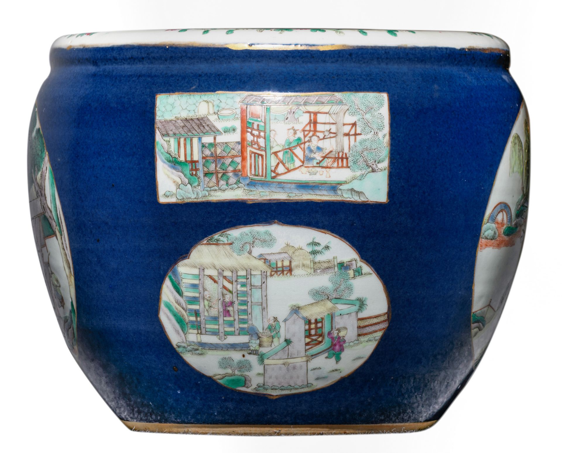 A Chinese bleu poudré jardiniere, the roundels famille verte, decorated with various animated scenes - Image 3 of 7