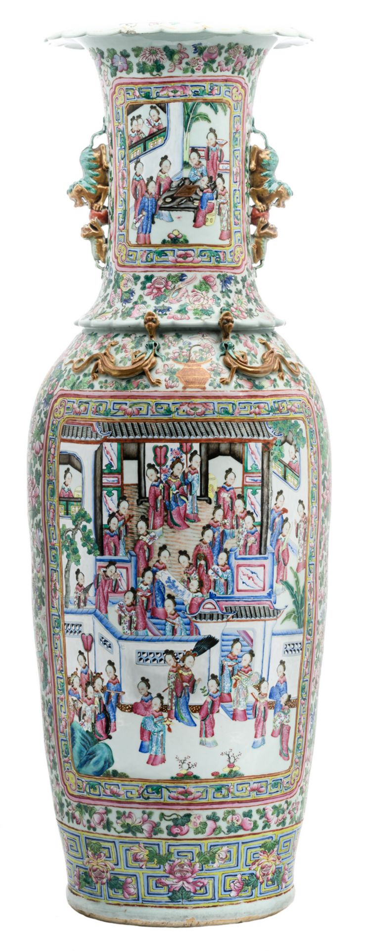 An impressive Chinese famille rose floral and relief decorated vase with dragons and Fu lions, the