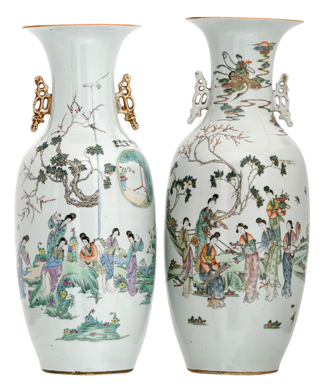 Two Chinese polychrome decorated vases with a gallant garden scene and calligraphic texts, one