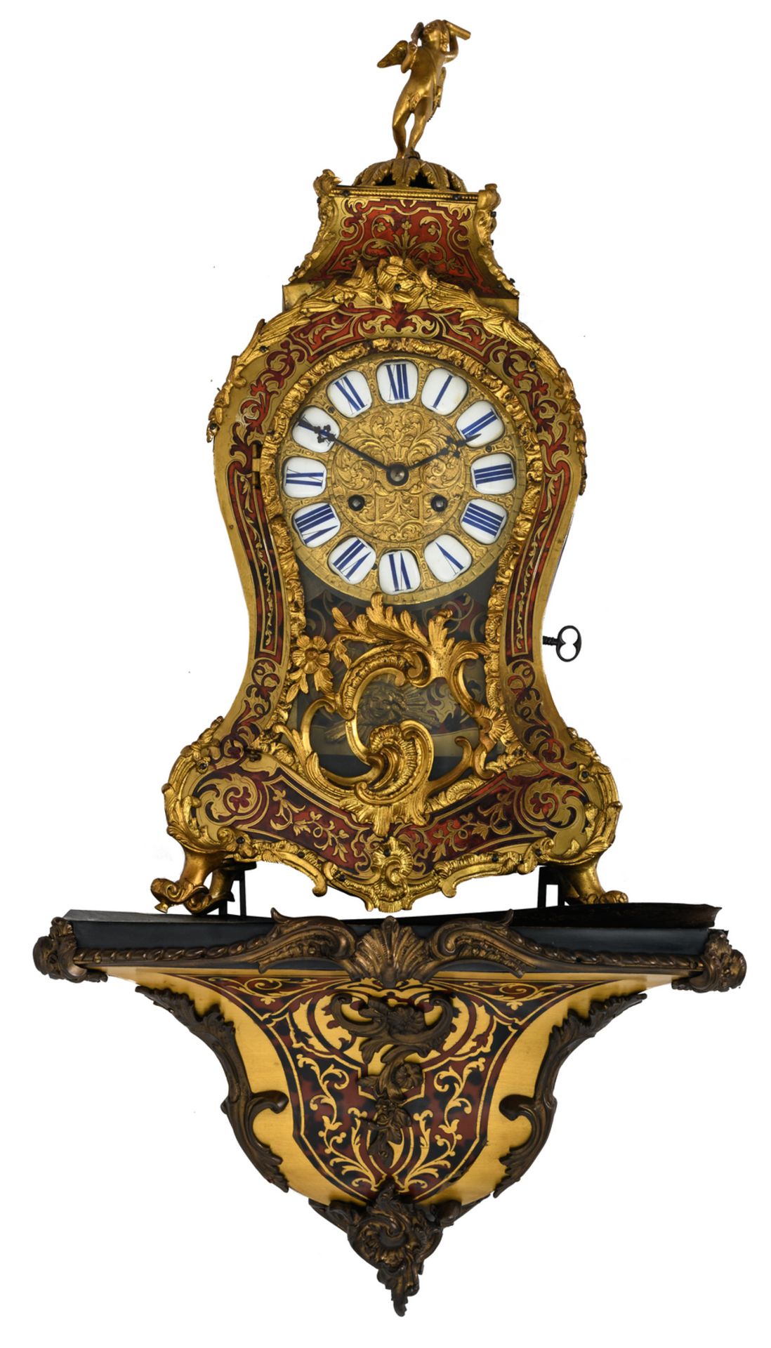 A 19thC Rococo style gilt bronze mounted Boulle cartel clock, marked 'Hybright Leamington', H 72,5