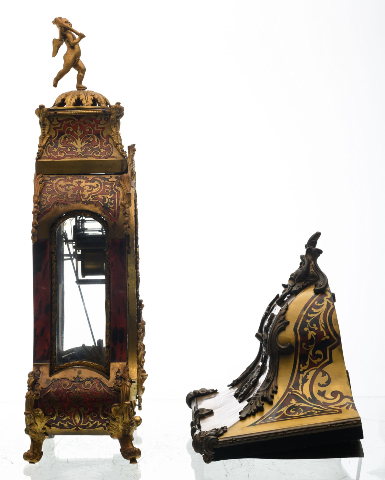 A 19thC Rococo style gilt bronze mounted Boulle cartel clock, marked 'Hybright Leamington', H 72,5 - Image 4 of 8