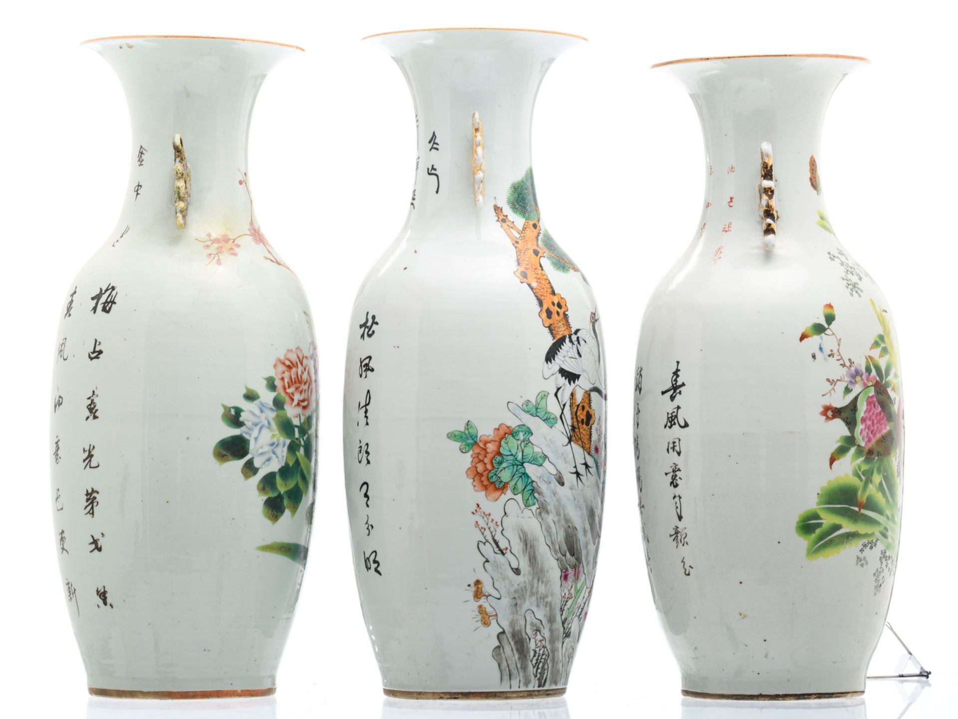 Three Chinese famille rose vases, decorated with flower branches, fruits, cranes and calligraphic - Image 4 of 6