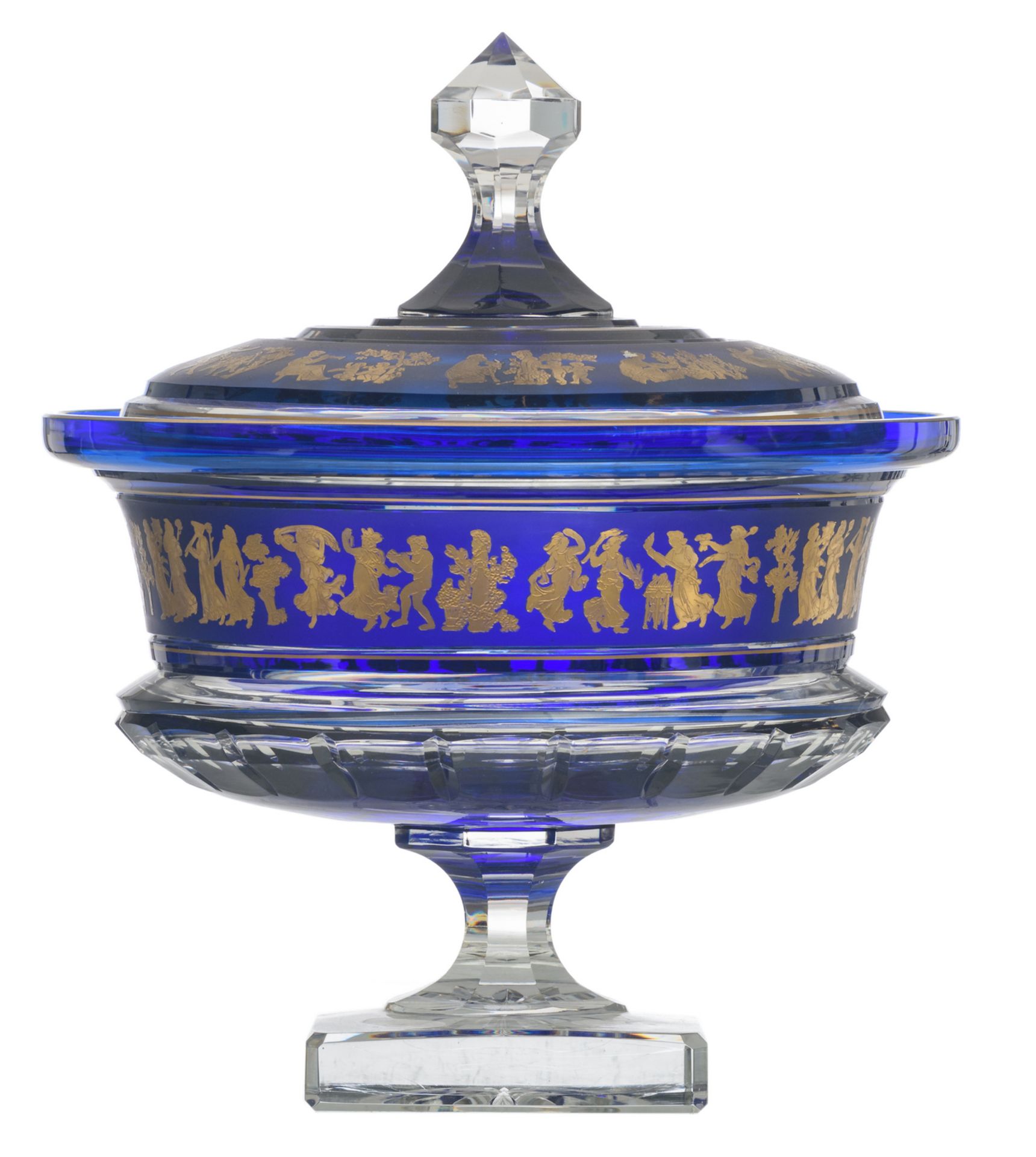 A decorative blue overlay Val-Saint-Lambert crystal cut bowl and cover on foot, relief decorated