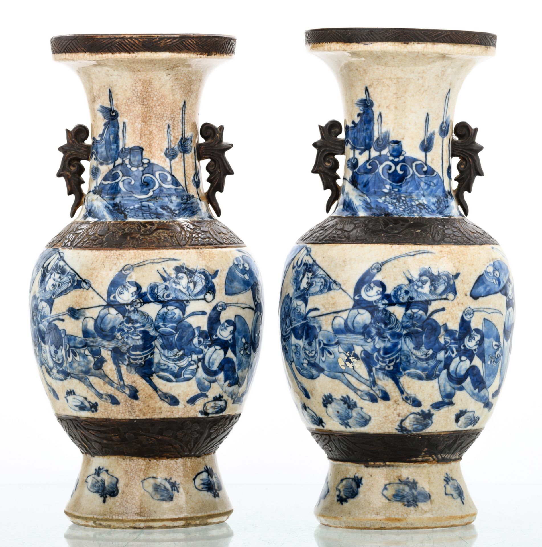 Two Chinese baluster shaped stoneware vases, blue and white decorated with warriors, marked, about - Image 3 of 6