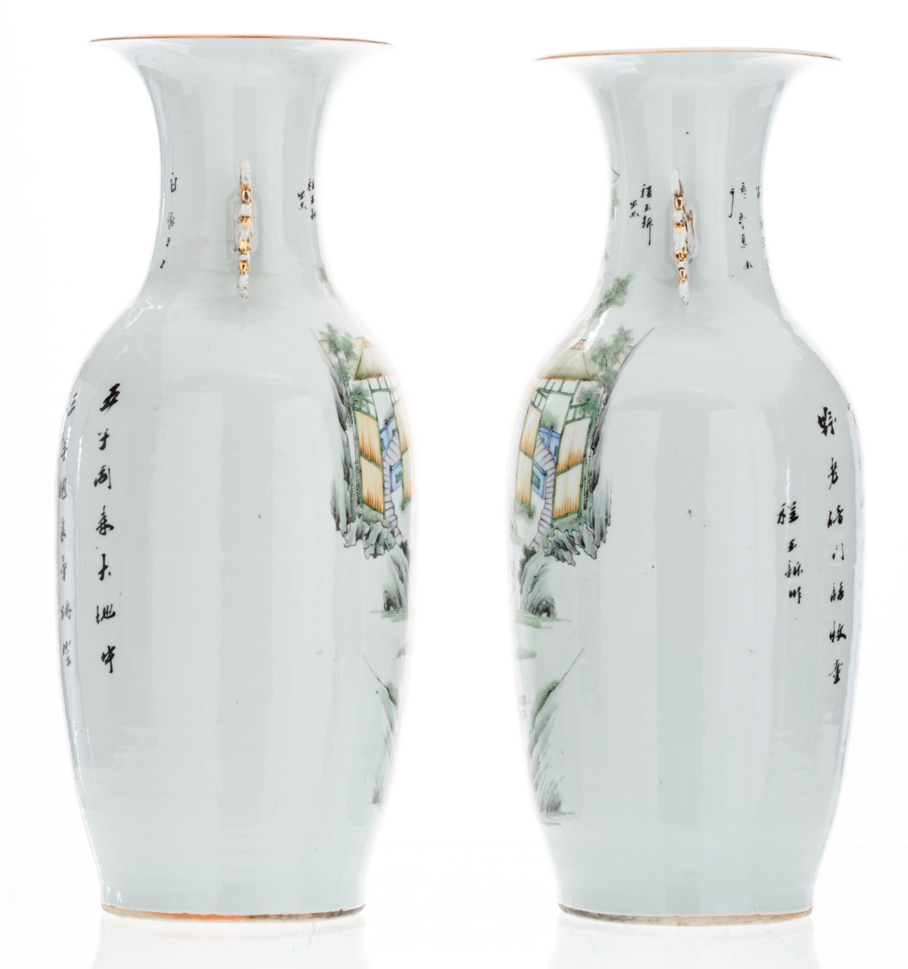 A pair of Chinese polychrome decorated vases with goats, boys playing in a garden and calligraphic - Image 2 of 6