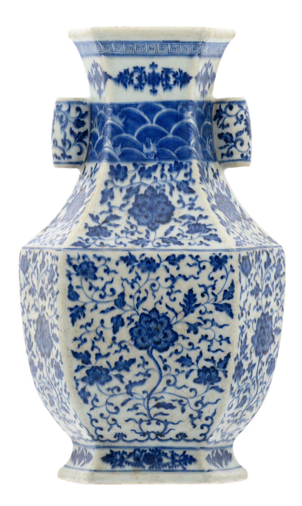 A fine Chinese blue and white floral decorated Hu vase with lotus flowers, Qianlong marked, 18/