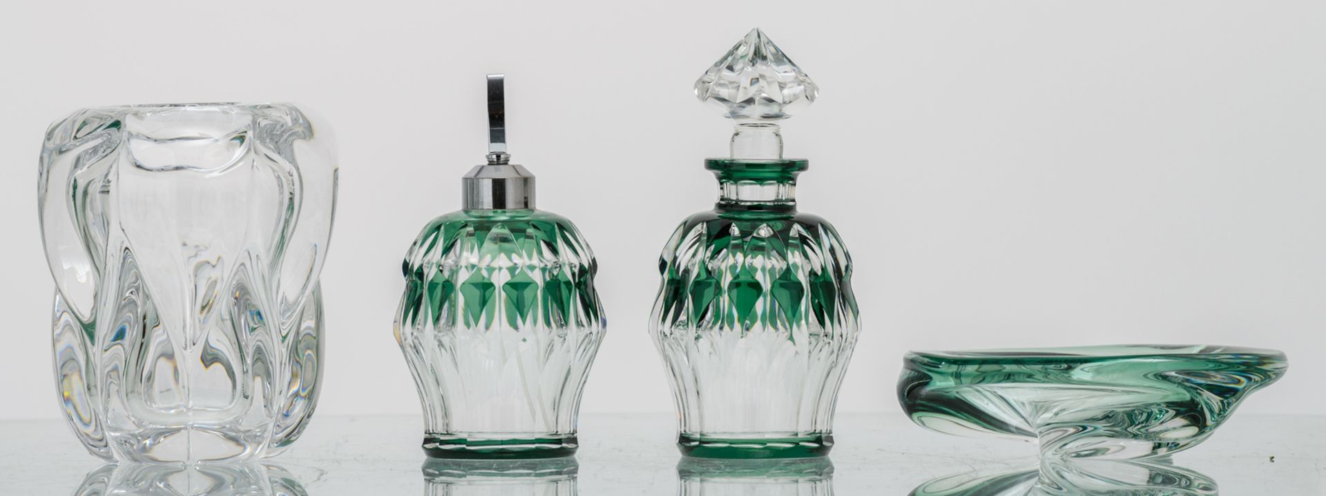 Two glass girandoles; added eight green overlay Val-Saint-Lambert crystal cut decorative items and - Image 9 of 19