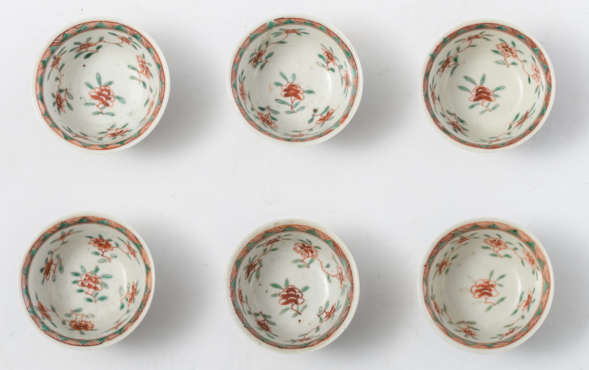 Six Chinese polychrome floral decorated cups and saucers, 18thC, H 2 - 5 cm - Image 4 of 9