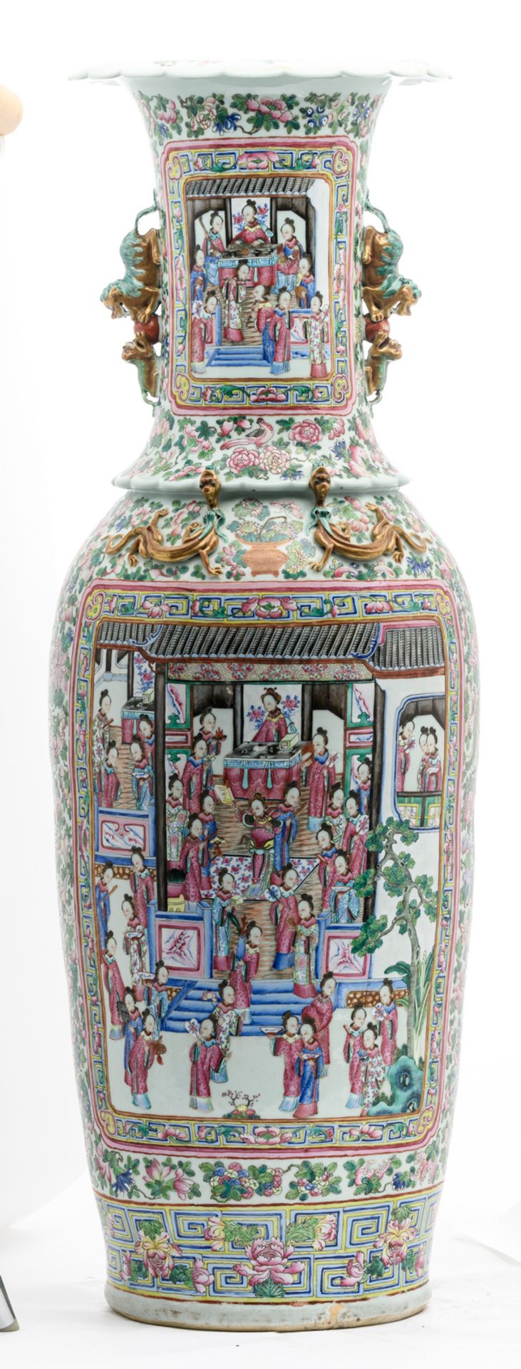 An impressive Chinese famille rose floral and relief decorated vase with dragons and Fu lions, the - Image 3 of 6