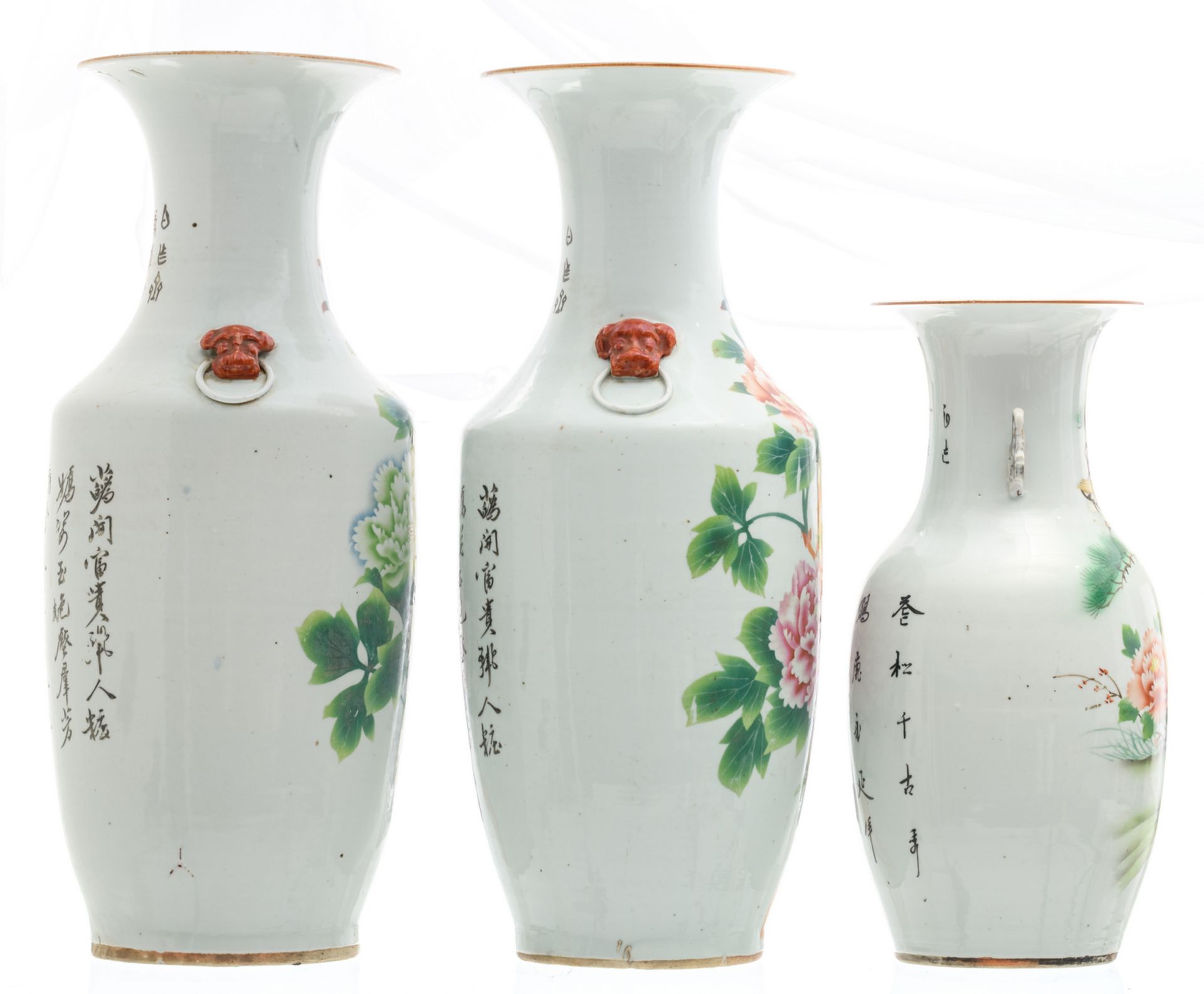 A pair of Chinese polychrome decorated vases with flower branches and calligraphic texts; added a - Image 2 of 6