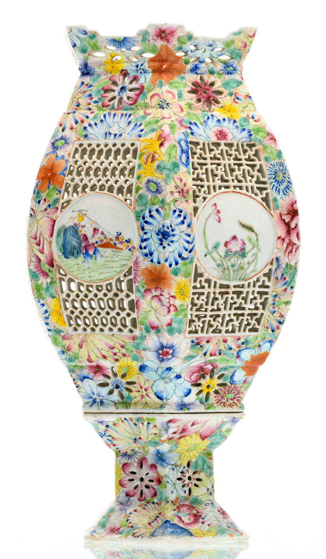 A Chinese millefleurs and open work wedding lantern, the roundels famille rose decorated with - Image 4 of 8