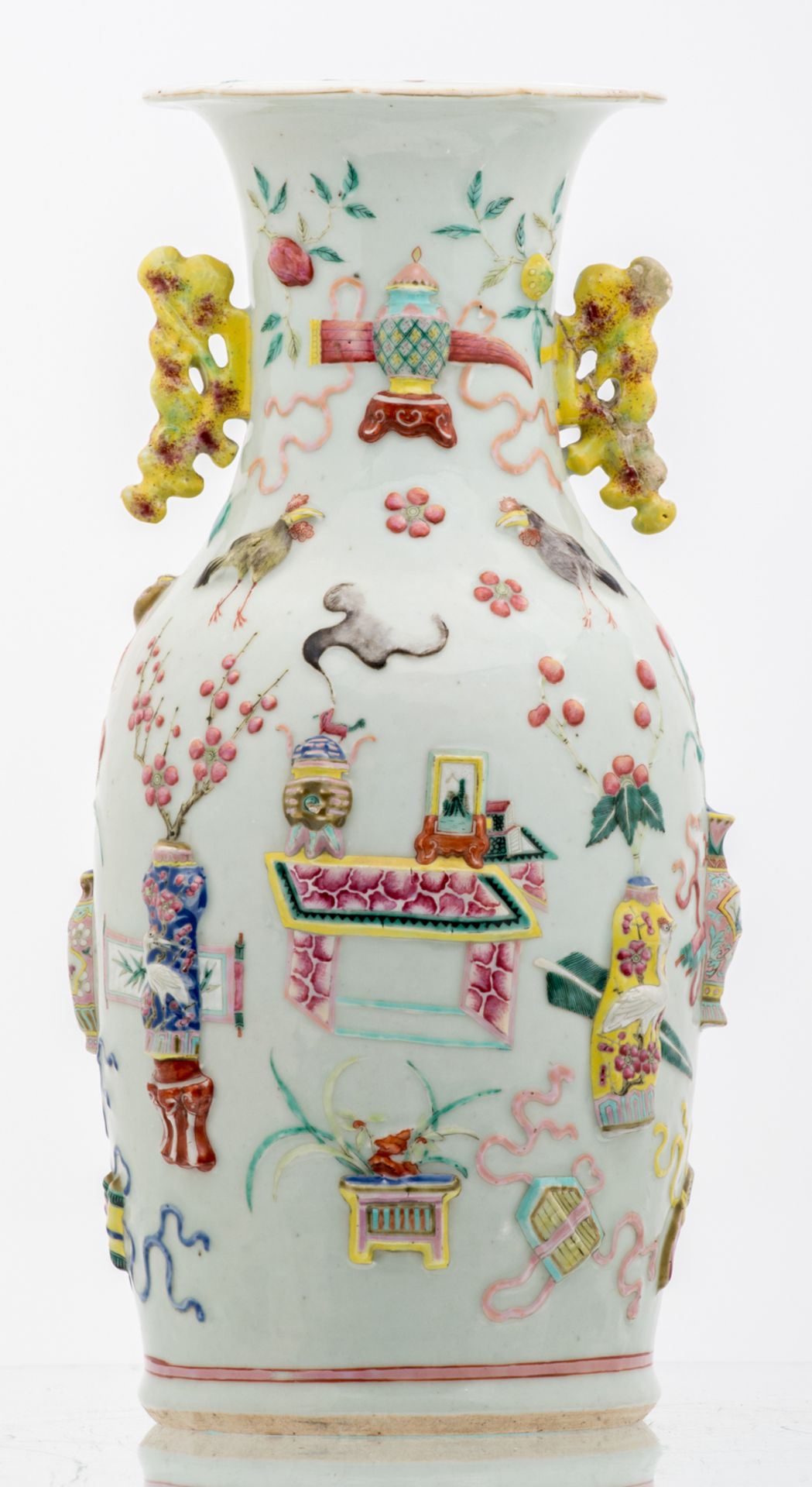 A Chinese famille rose and relief decorated vase with antiquities, flower branches and birds, 19thC, - Image 3 of 6