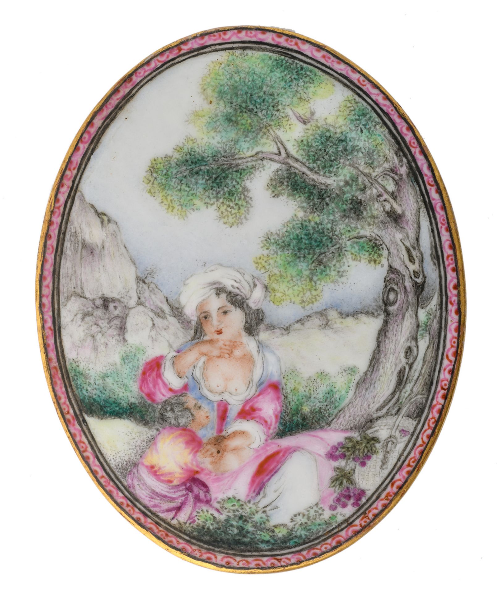 A Chinese famille rose porcelain miniature plaque, export porcelain type, marked, 6,5 x 8,5 cm
