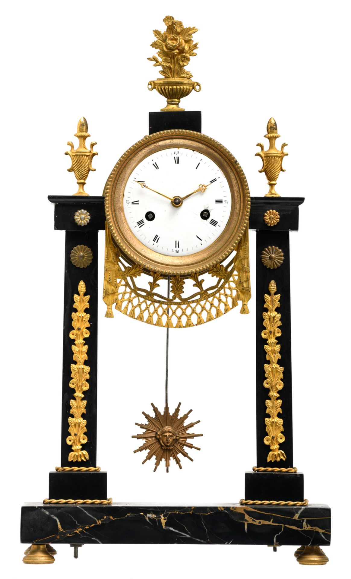 A French mid 19thC gilt bronze Neoclassical Rance and Portor marble portico clock, H 44 cm - W 25,