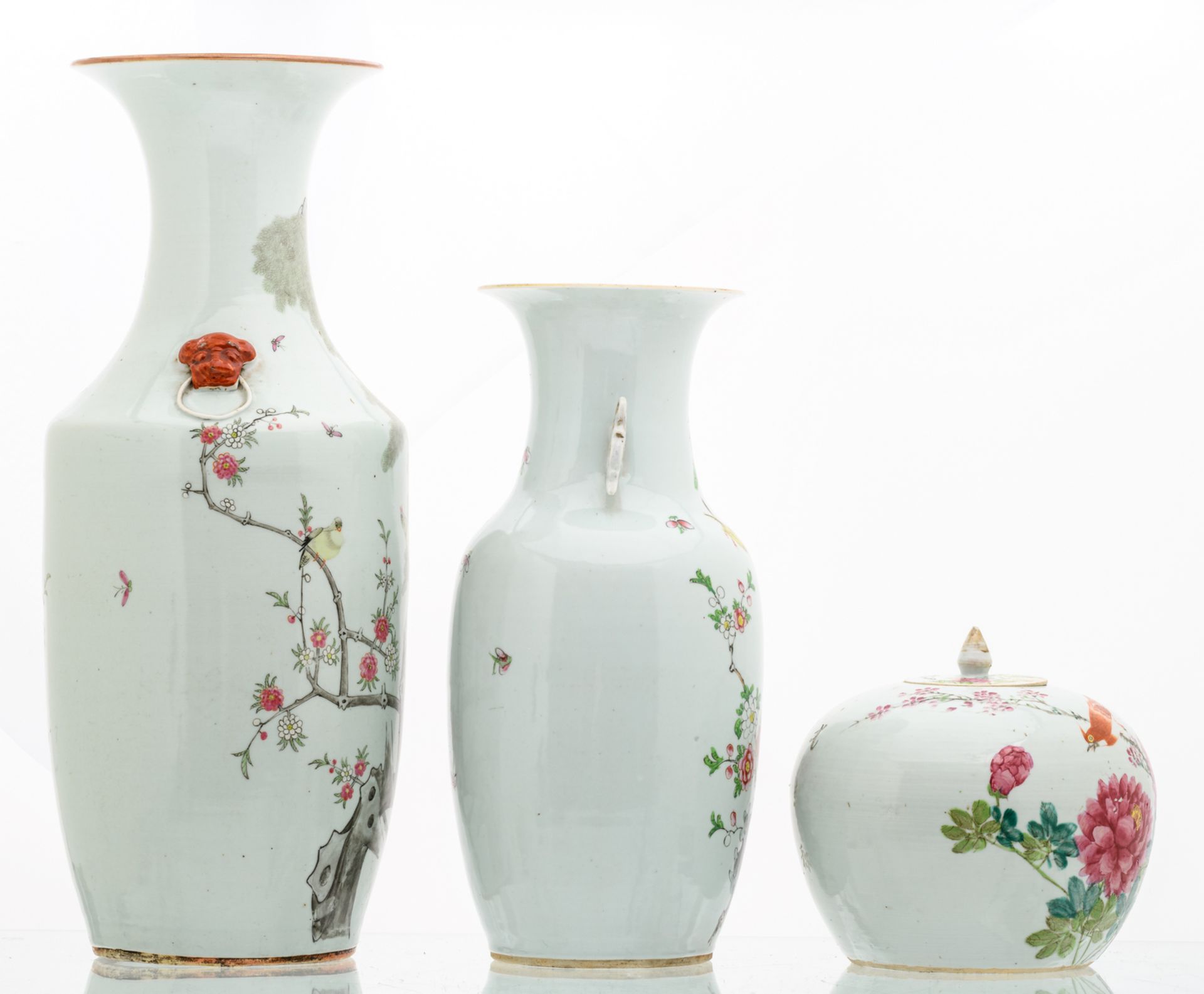 Two Chinese famille rose vases and a ditto ginger jar and cover, decorated with flower branches - Image 4 of 11