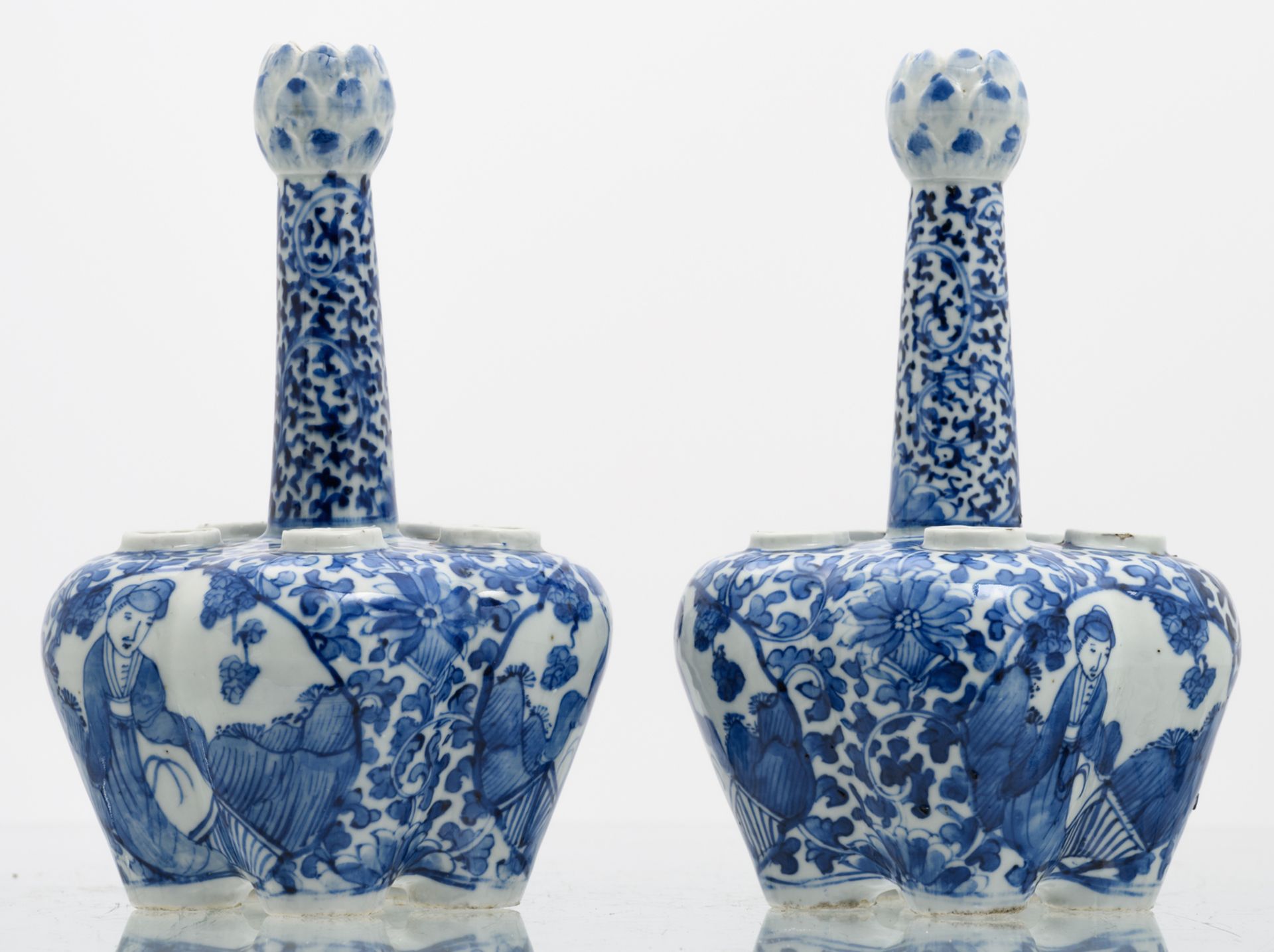 A pair of Chinese blue and white floral and relief decorated tulip vases, the roundels with - Image 3 of 7