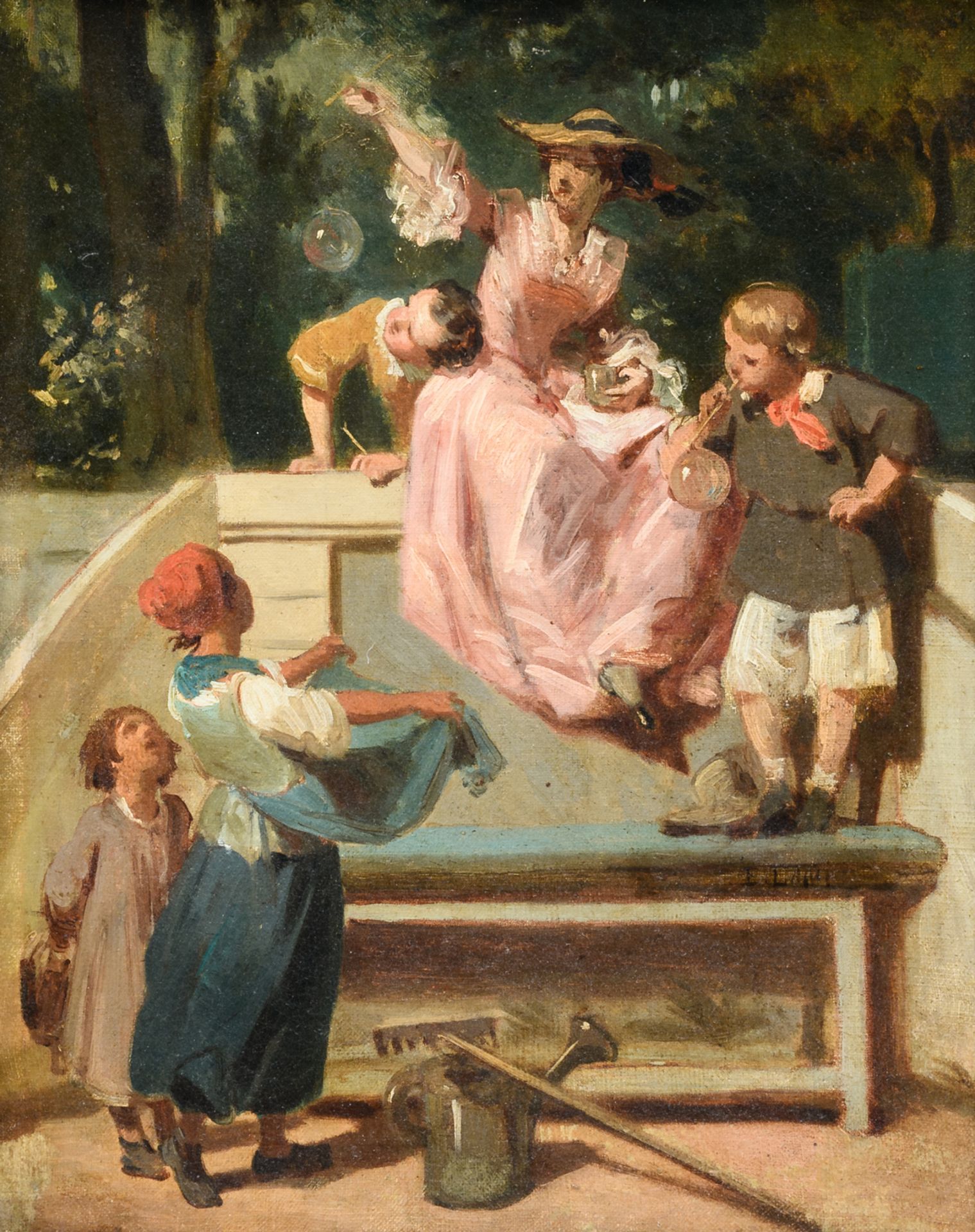 (Lami E.), blowing bubbles, oil on canvas, late 19th - early 20thC, 32 x 41 cm