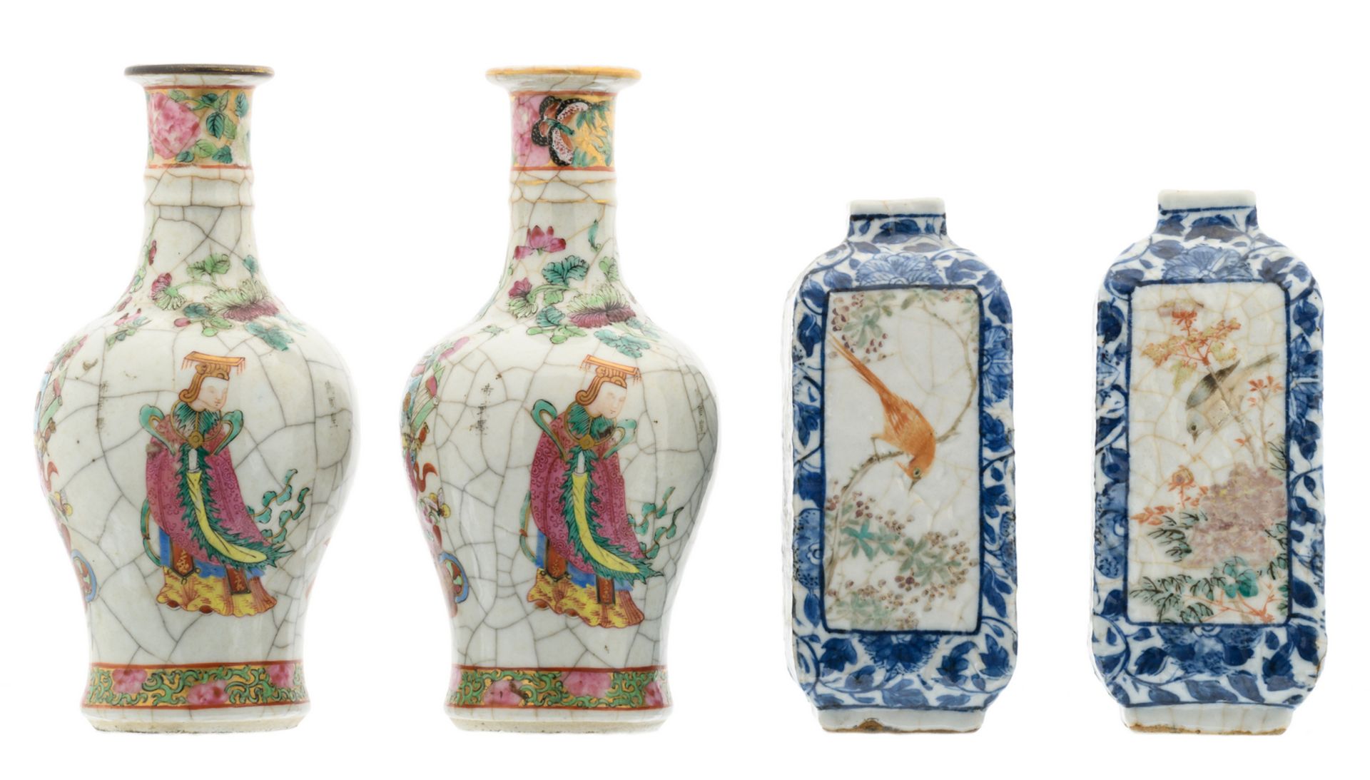 Two Chinese crackleware famille rose baluster shaped vases decorated with figures, flower branches