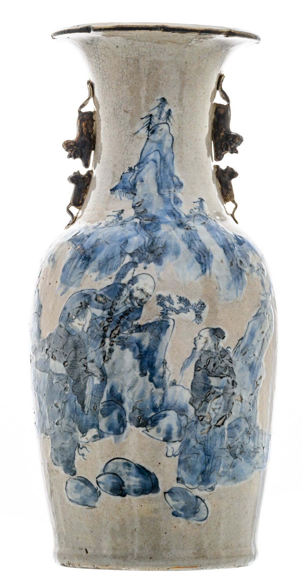 A Chinese grey celadon ground blue and white decorated stoneware vase with figures in a