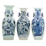 Three Chinese celadon ground blue and white floral decorated vases with birds, a deer and a fish,