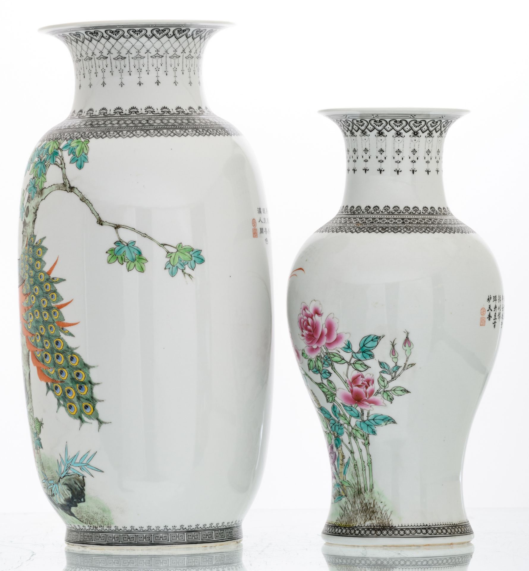 A Chinese famille rose vase and baluster shaped vase, decorated with birds, flower branches and a - Image 2 of 6