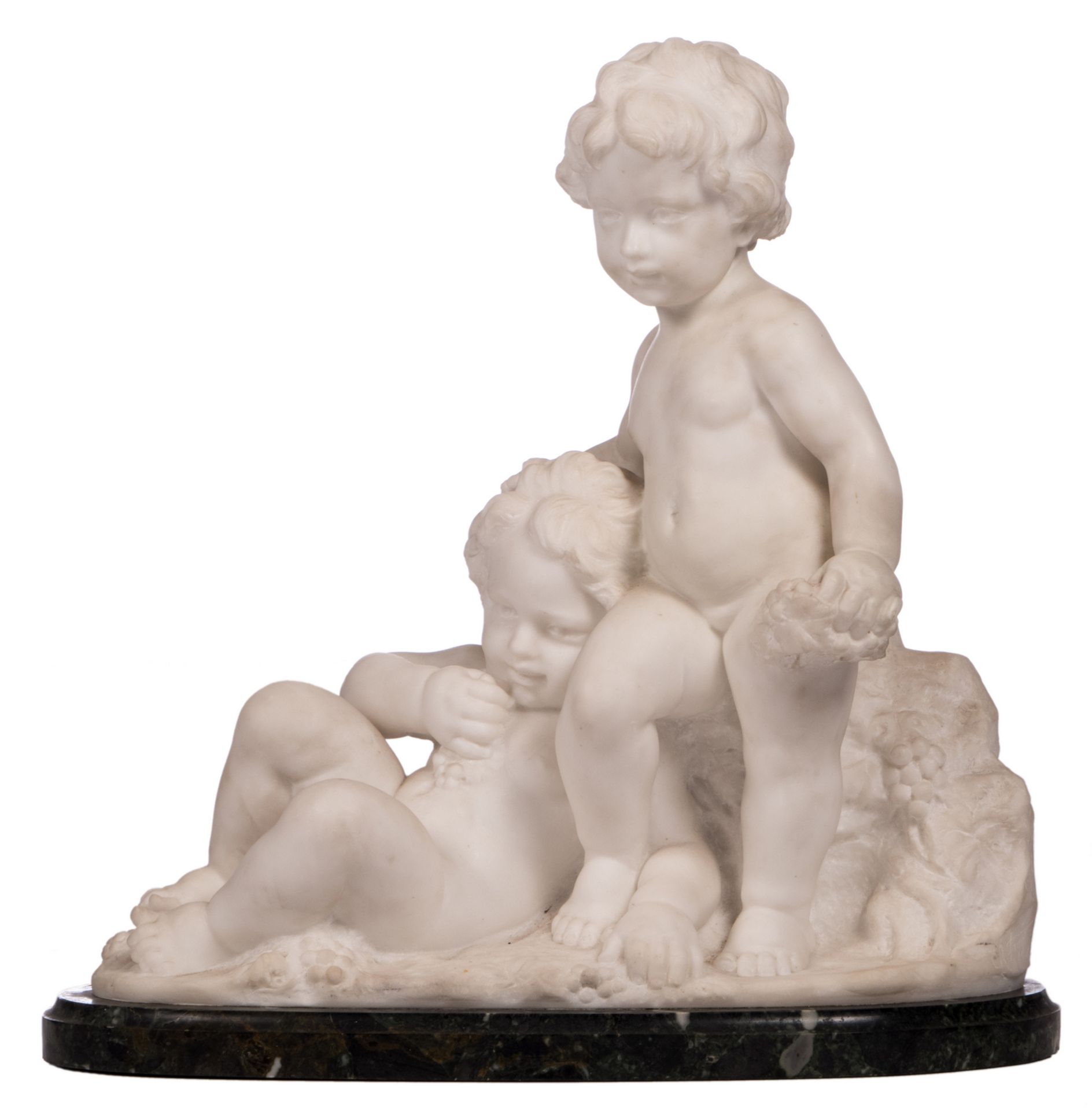Unsigned, two young bacchants, white Carrara marble on a vert de mer marble base, H 54 - W 53 cm