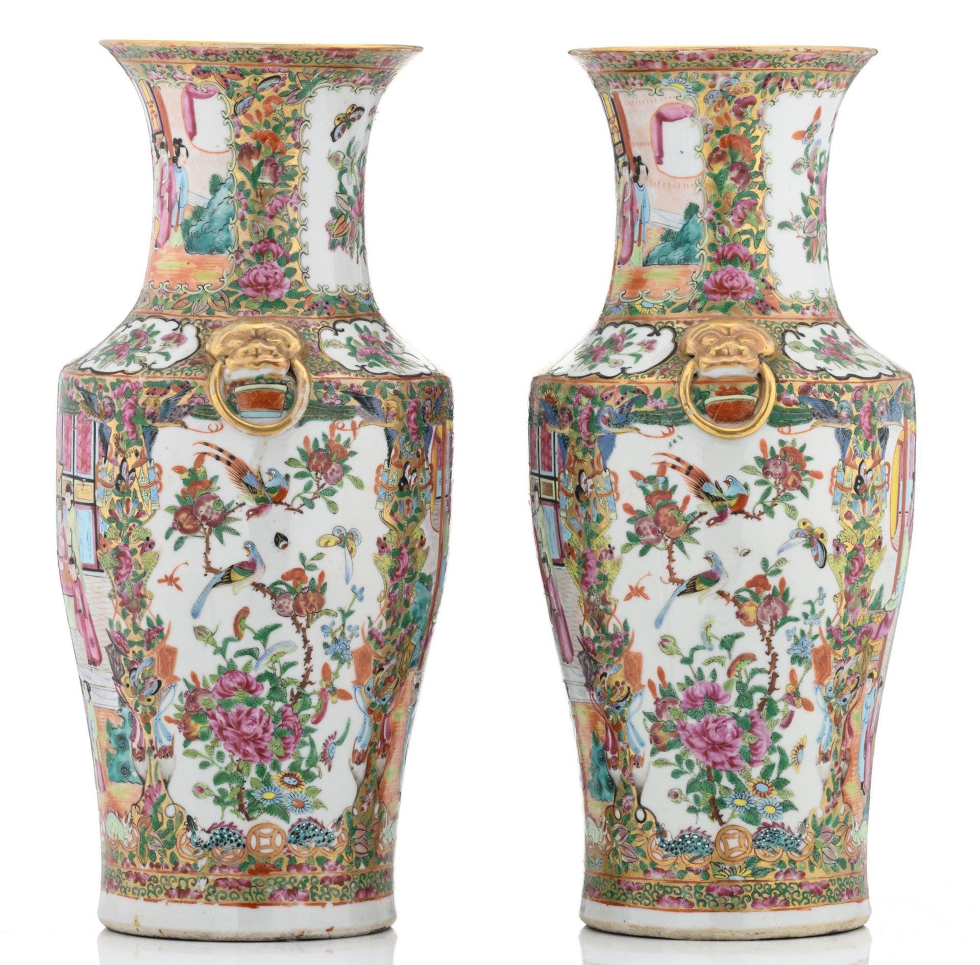 A pair of Chinese Canton famille rose floral decorated baluster shaped vases, the roundels with - Bild 2 aus 6