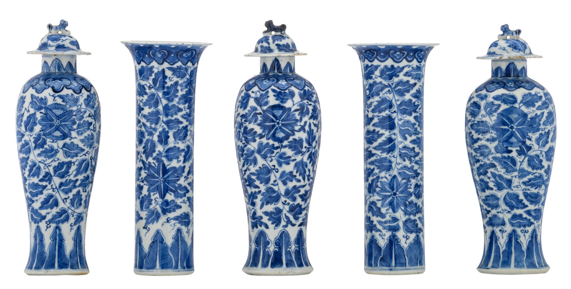 A five-piece Chinese blue and white floral decorated garniture with a Xuande mark, H 25,5 - 28,5 cm