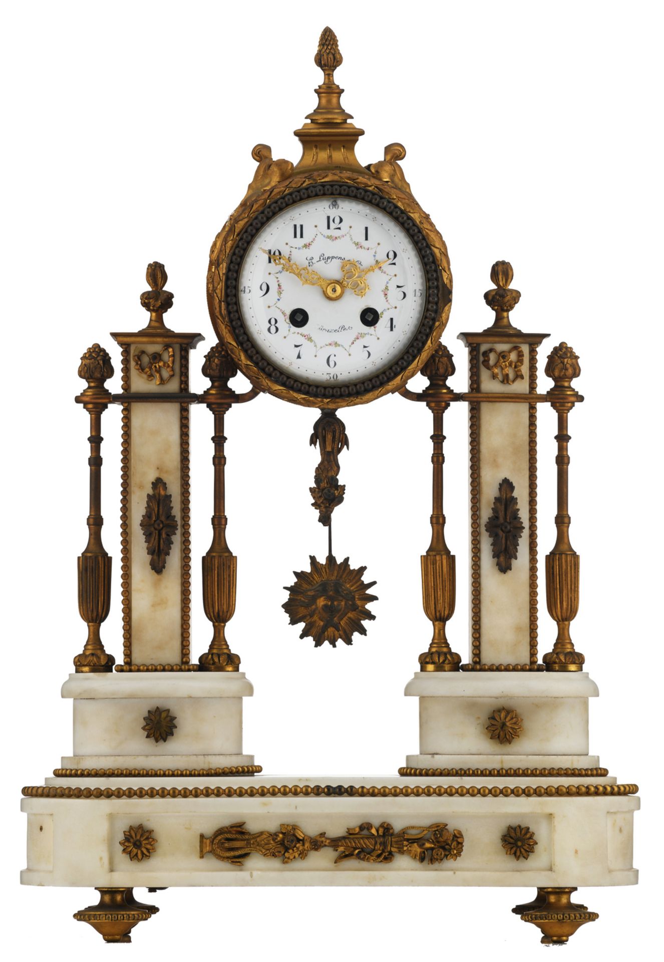 A late 19thC Neoclassical gilt bronze mounted white marble mantle clock, the work marked 'H. Luppens
