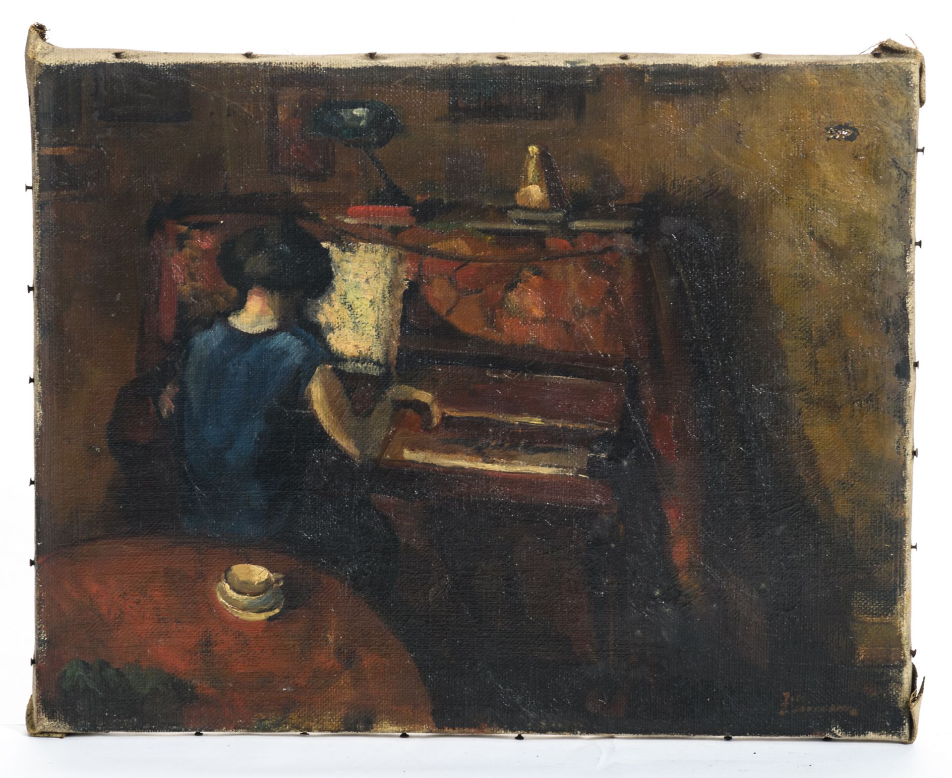 Illegibly signed, the young virtuoso, oil on canvas, 40 x 50,5 cm - Bild 2 aus 4