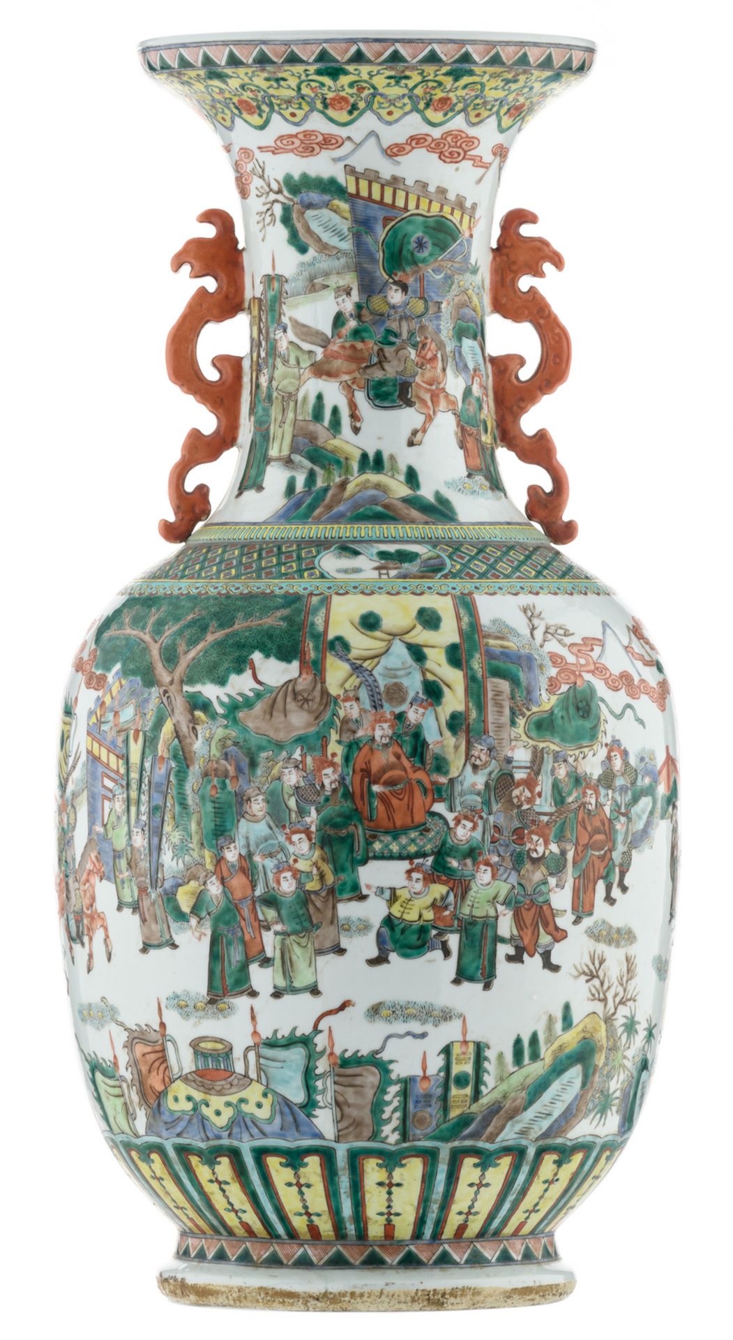 A large Chinese famille verte baluster shaped vase, overall decorated with warriors and a court