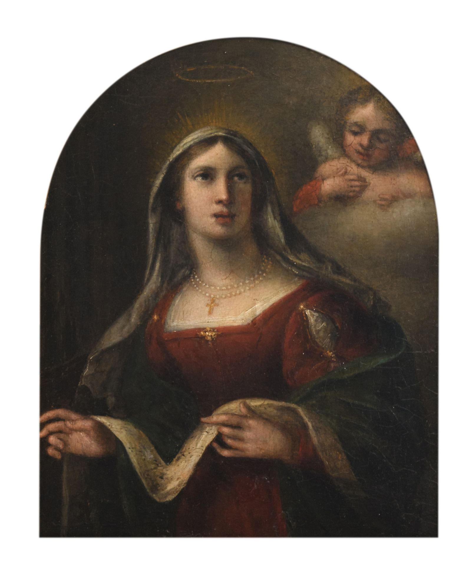 Unsigned, a portrait of a female Saint, oil on panel, 19thC, 23,5 x 29 cm