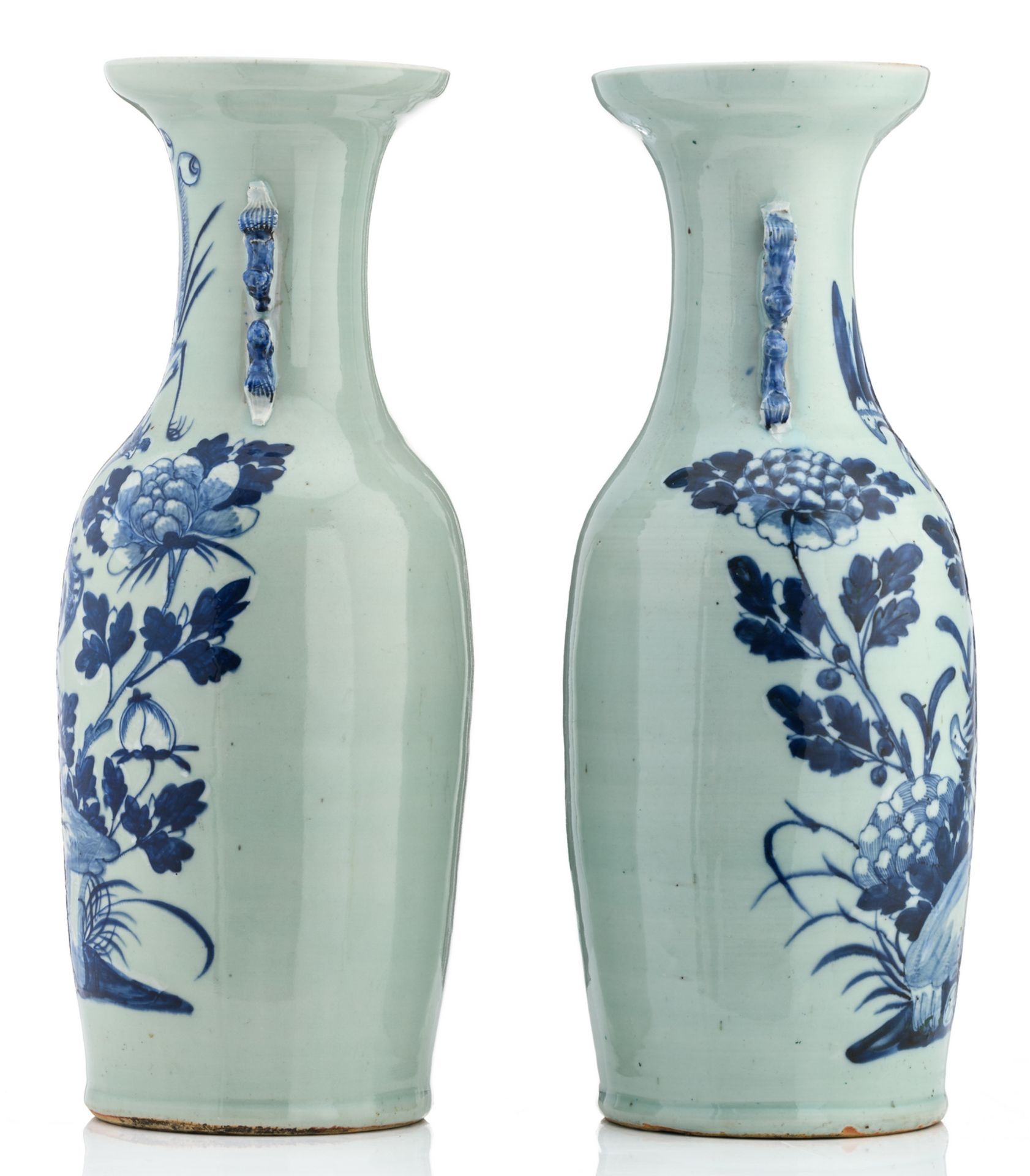 Two Chinese celadon ground blue and white vases, decorated with phoenix, rocks and flower - Image 4 of 6