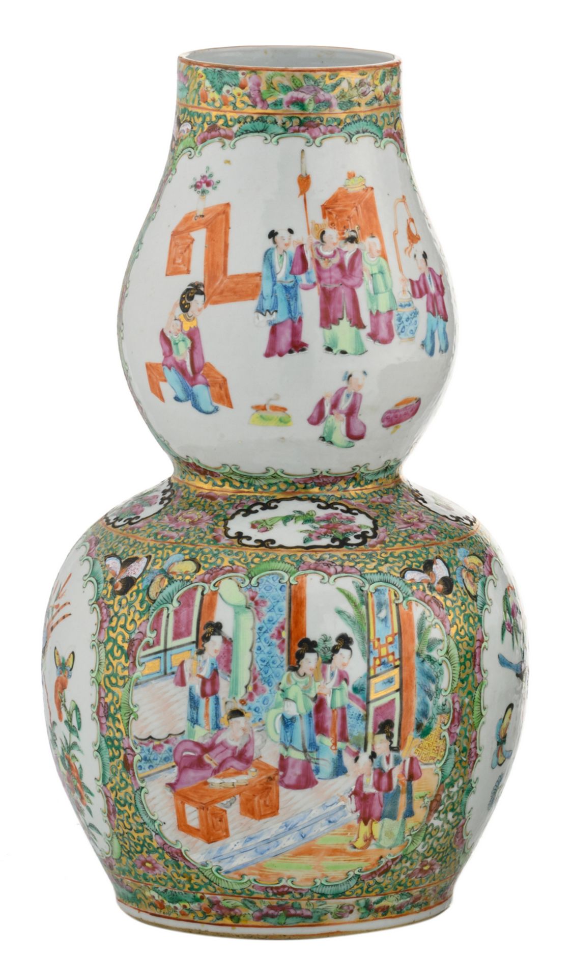 A Chinese Canton floral decorated double gourd vase, the roundels with various court scenes,