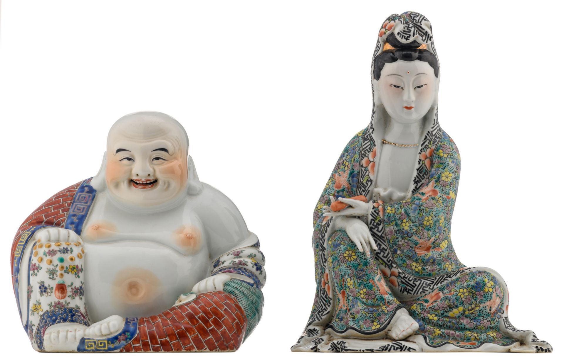 A Chinese famille rose and polychrome decorated Budai and a ditto Guanyin, marked, H 21,5 - 30,5 cm