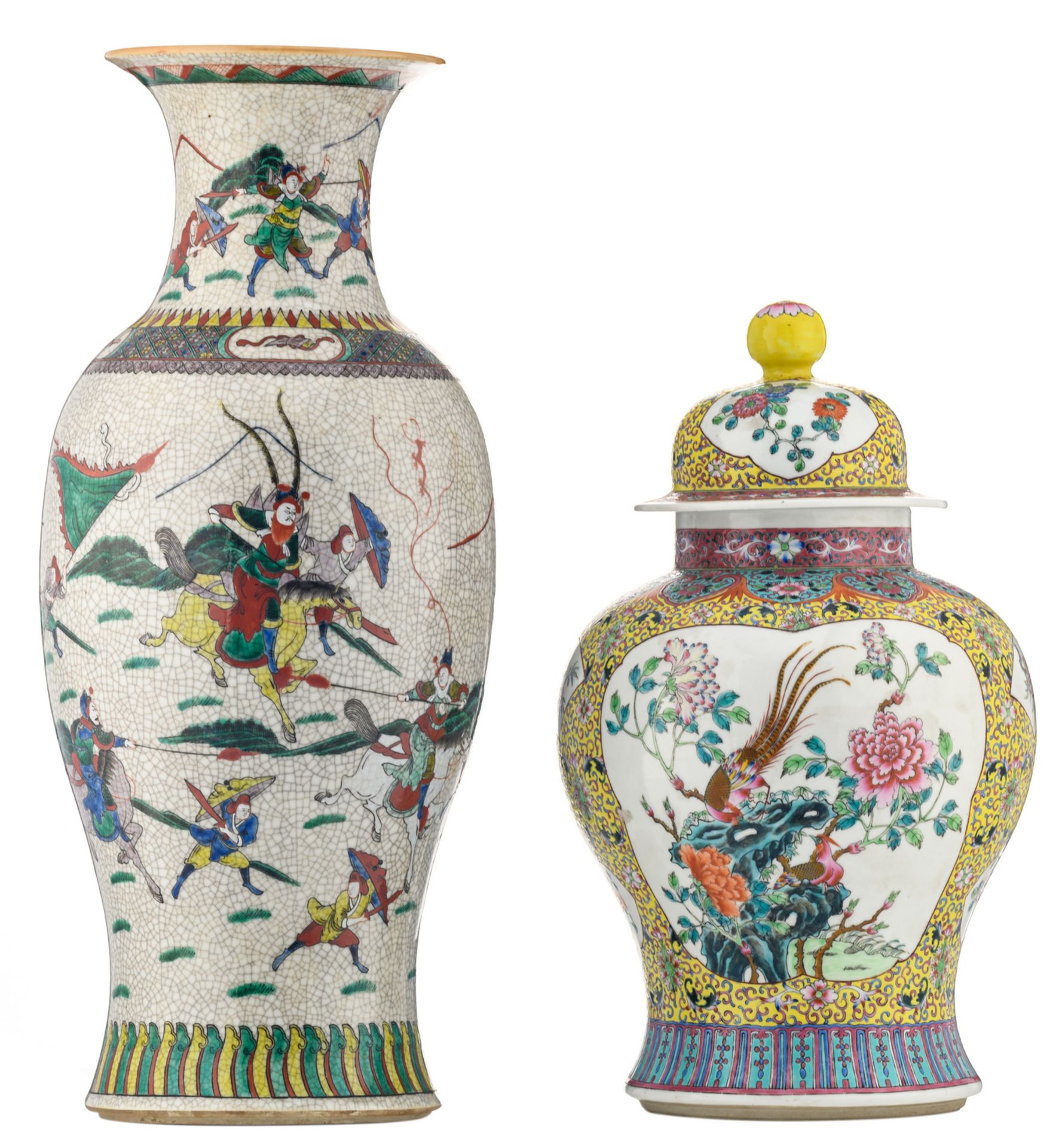 A Chinese yellow ground famille rose floral decorated vase and cover, the roundels with birds, rocks