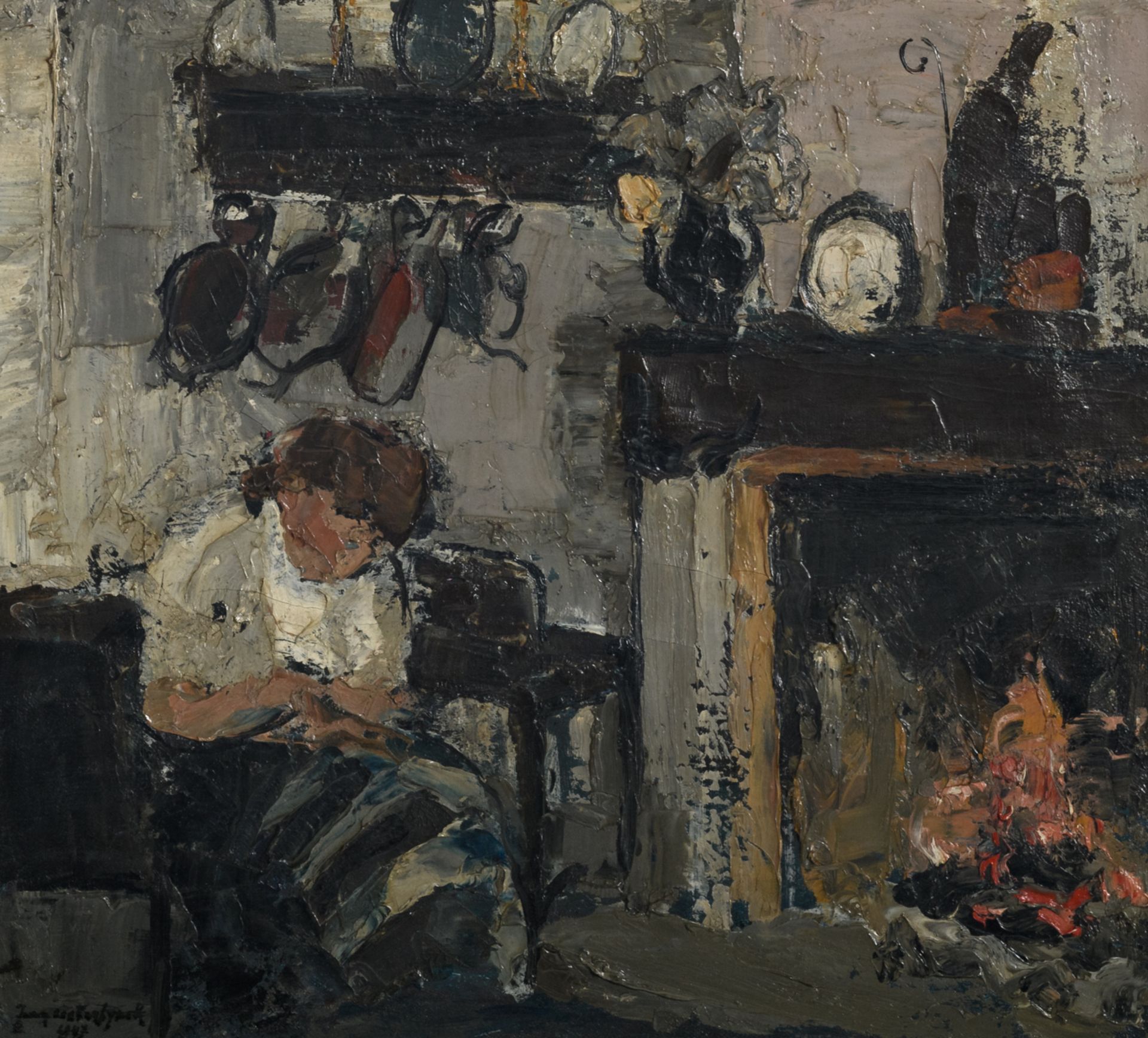 Oosterlynck J., an interior view with a hand working lady, oil on canvas, dated 1947, 40 x 44,5 cm