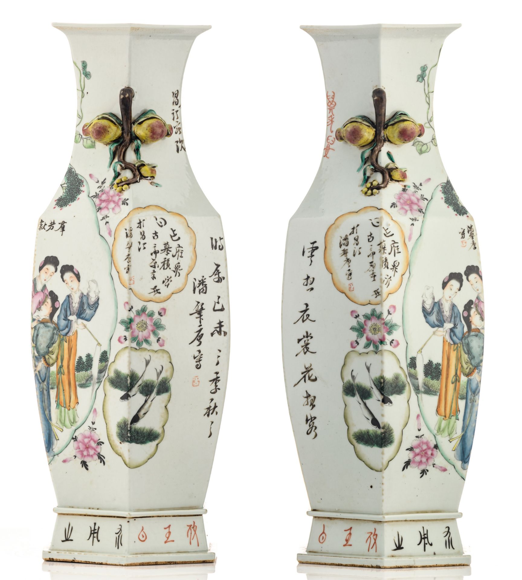 A pair of Chinese famille rose quadrangular vases, decorated with a gallant scene and calligraphic - Bild 2 aus 6