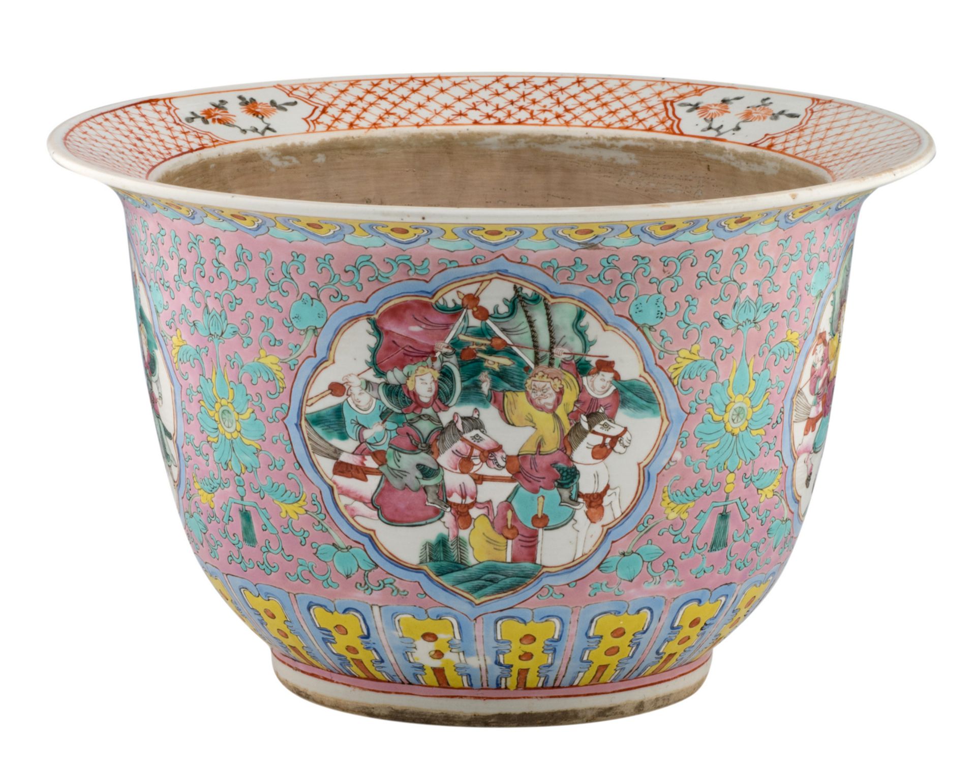 A Chinese pink ground floral decorated jardiniere, the roundels decorated with warriors, H 24 - ø 38