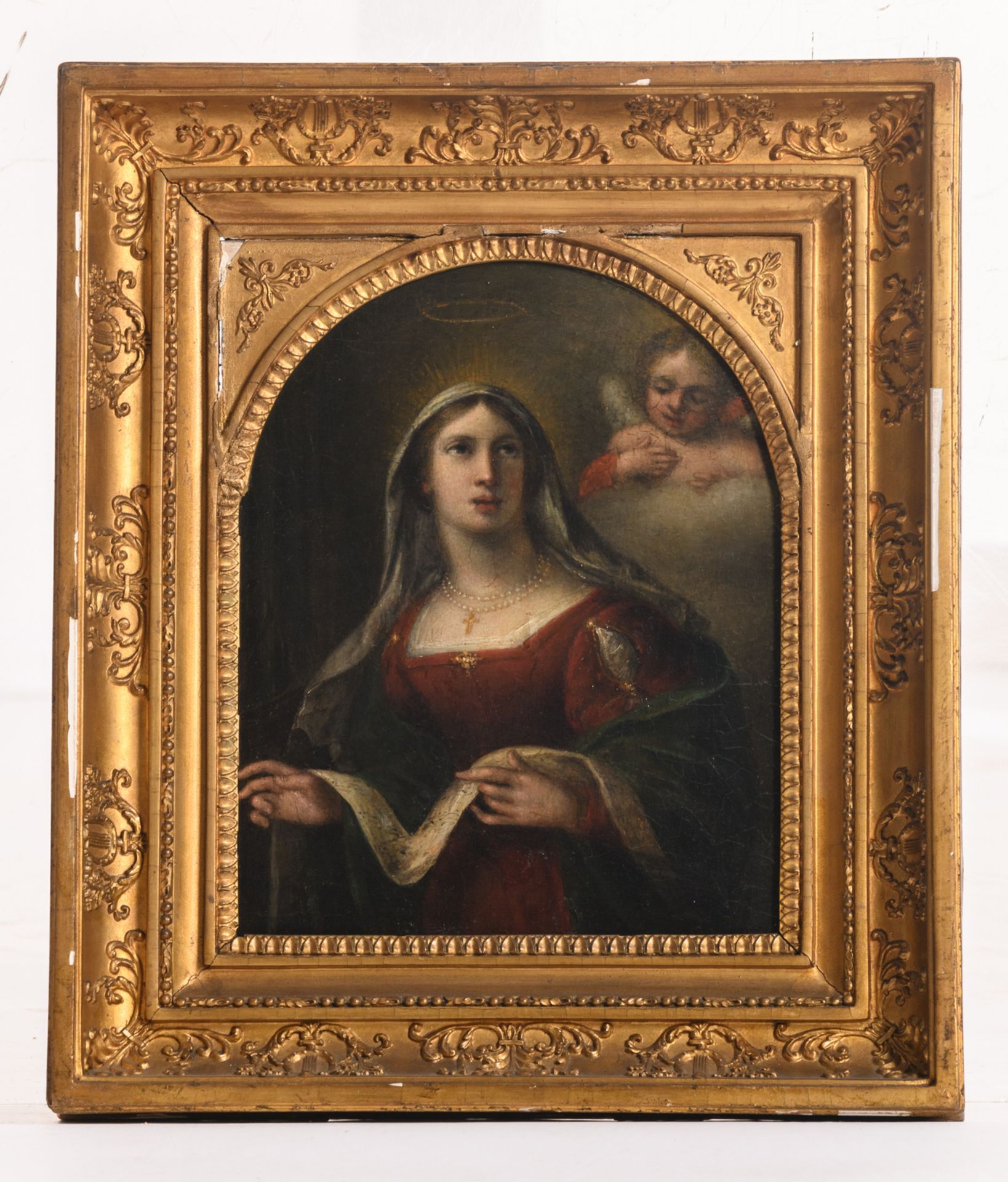 Unsigned, a portrait of a female Saint, oil on panel, 19thC, 23,5 x 29 cm - Bild 2 aus 3