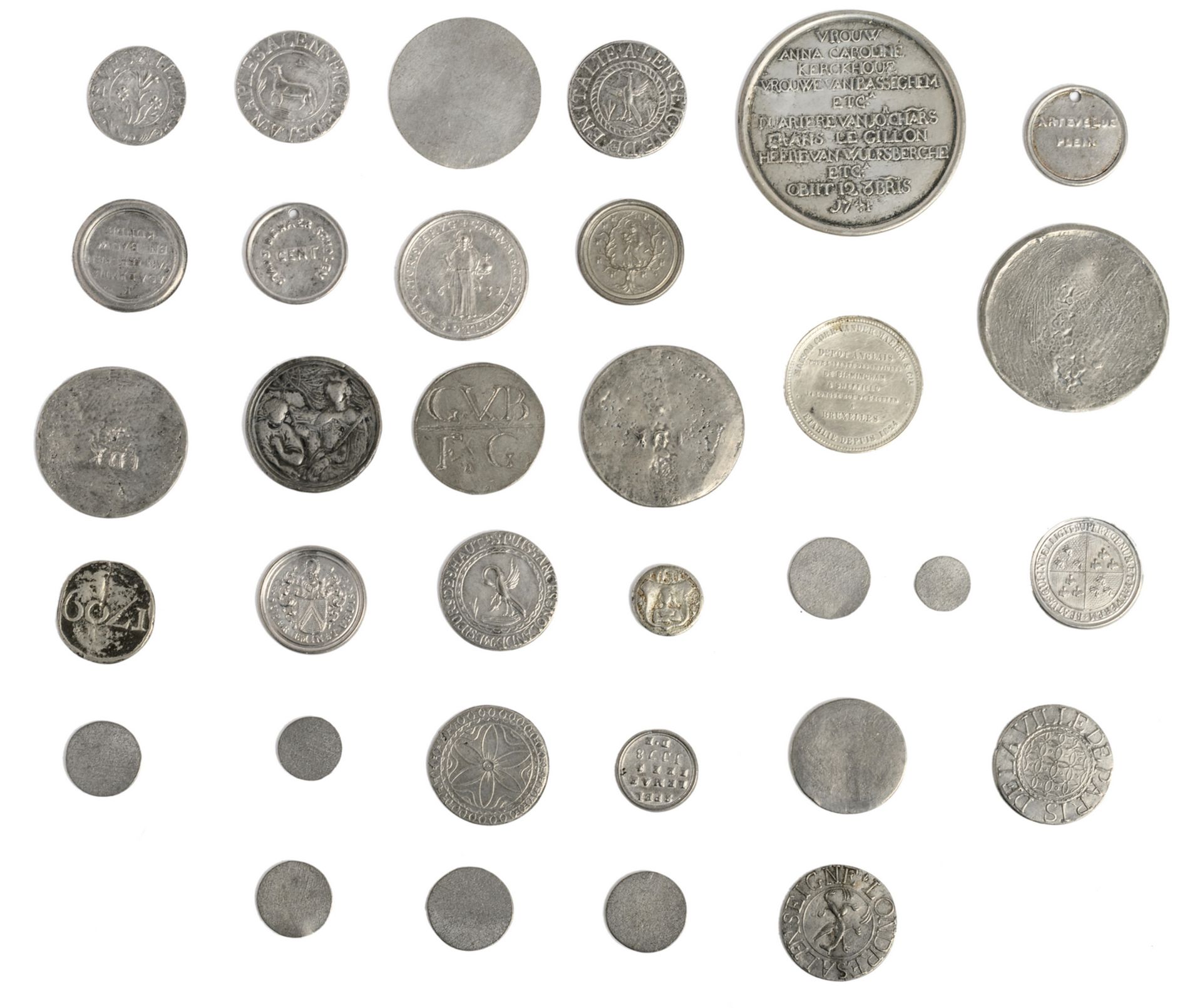 A collection of pewter and zinc memento and other tokens and coins 16th till 19thC, Low Countries