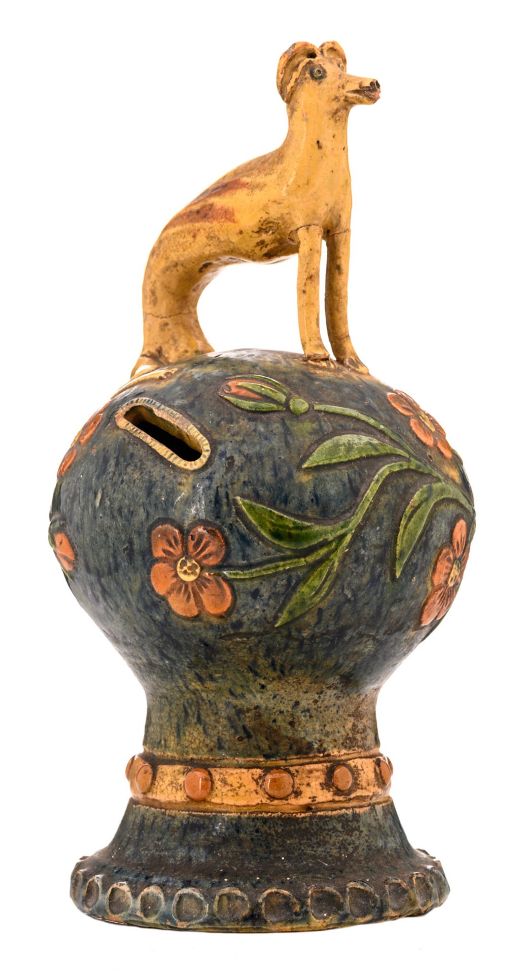 A rare typical Flemish earthenware money box in the Arts & Crafts way, Thourout Willemyns period