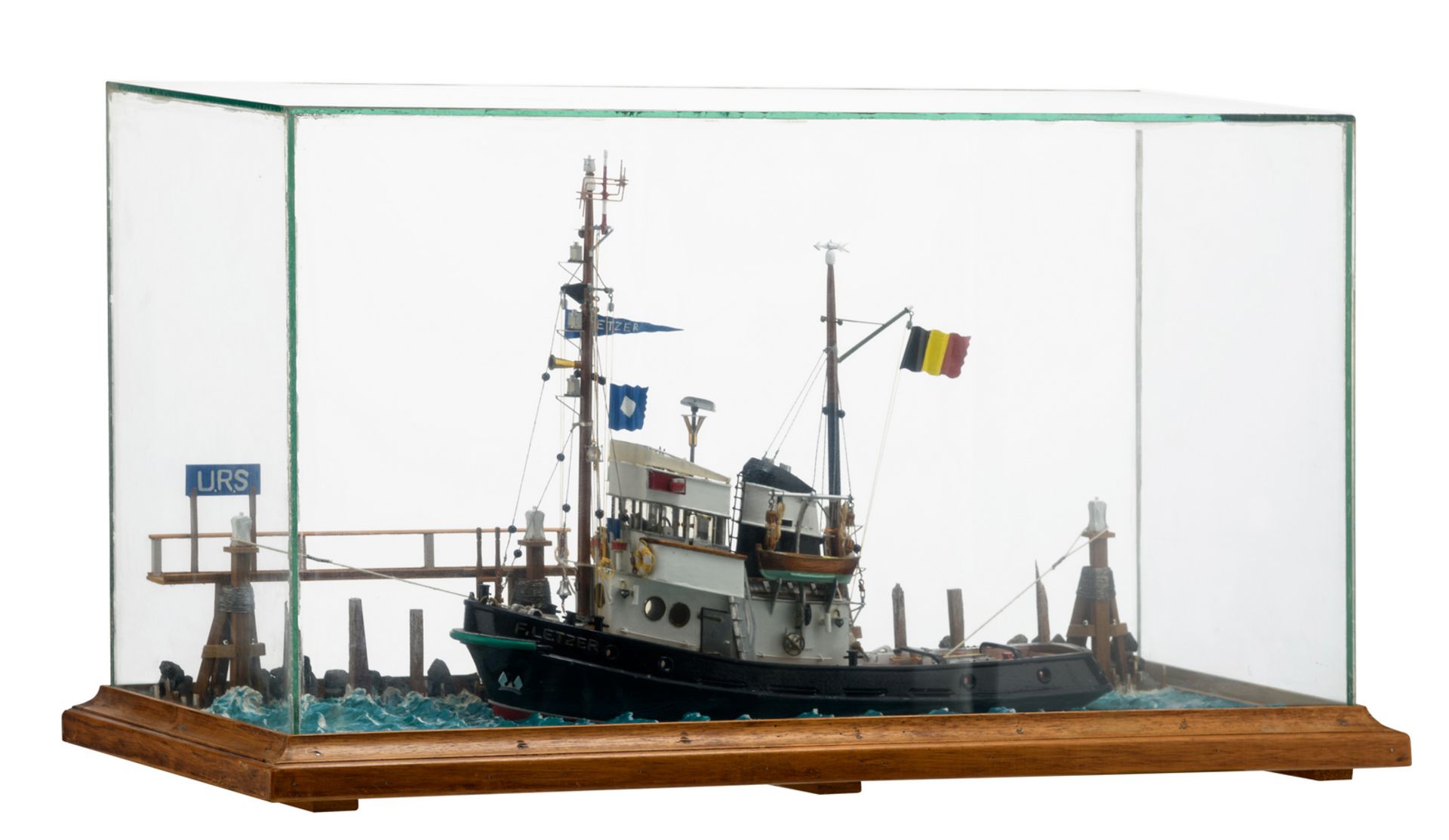 A ship model of a tugboat, marked 'P. Letzer - Antwerpen', signed 'De Wilde Fr. - Gent 5.5.77', in a