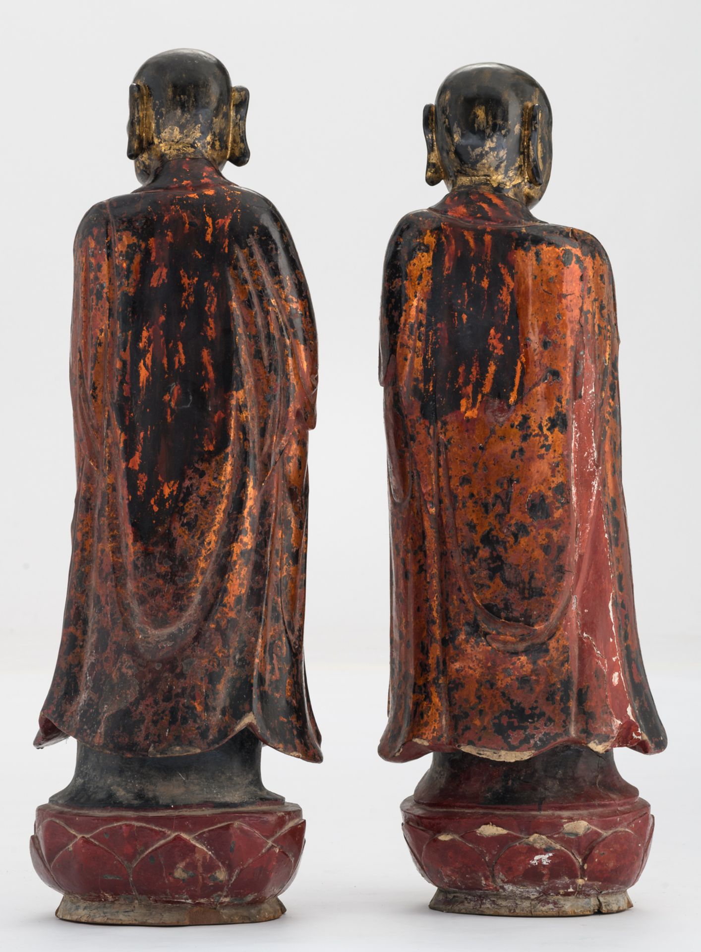 Two Oriental polychrome and gilt lacquered figures, papier maché on wood, depicting Ananda and - Image 3 of 6