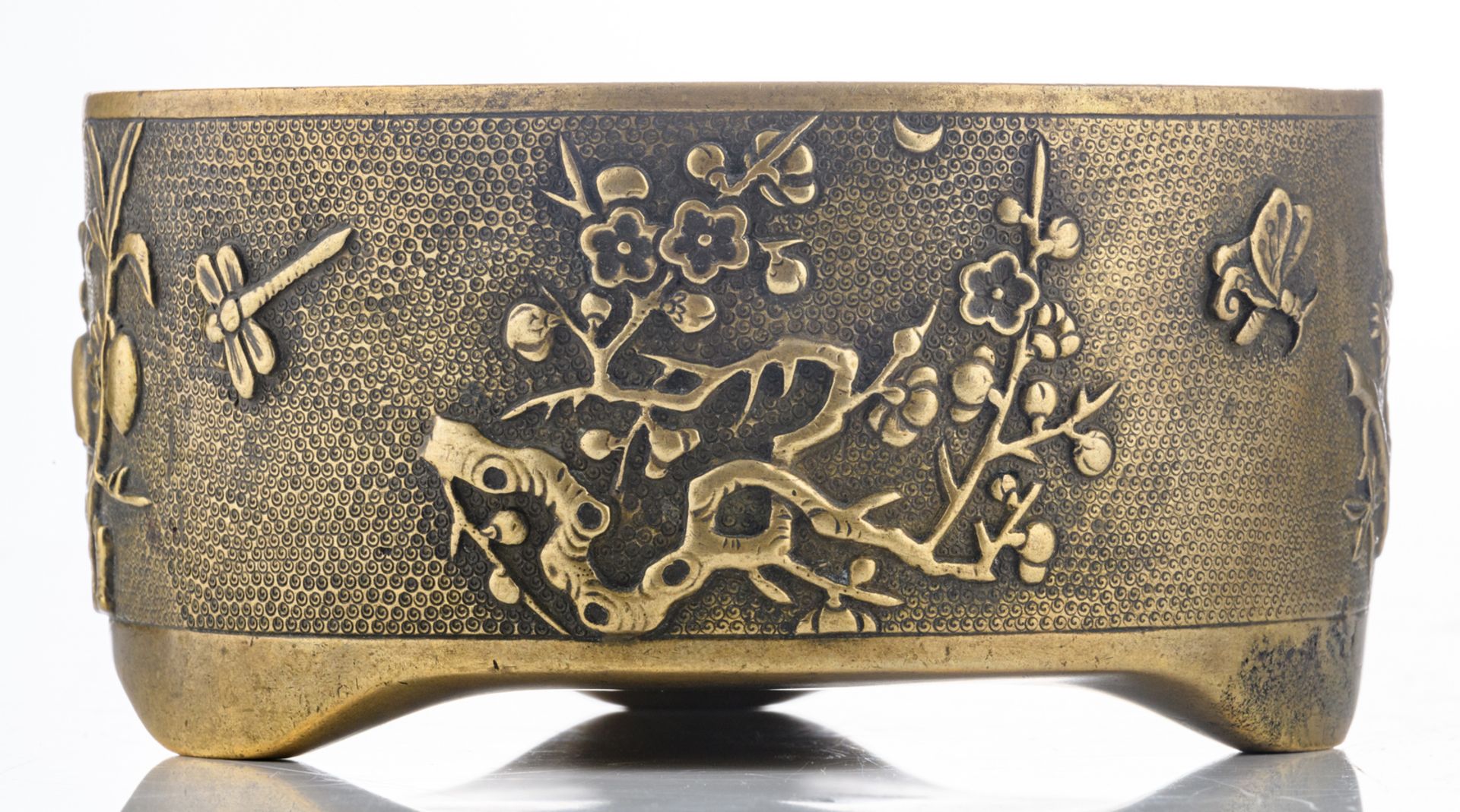 A Chinese bronze relief decorated tripod incense burner with flower branches, butterflies and - Bild 2 aus 7